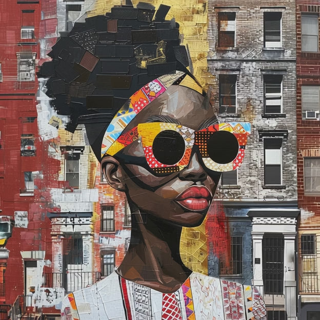 Best Seller Boss Babe graphic tee featuring an abstract cartoon-style Black woman, Lakendra with large round pop-art style sunglasses. The design has a vibrant, graffiti-inspired aesthetic that celebrates African American beauty, confidence, and urban art style.
