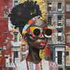 Best Seller Boss Babe graphic tee featuring an abstract cartoon-style Black woman, Lakendra with large round pop-art style sunglasses. The design has a vibrant, graffiti-inspired aesthetic that celebrates African American beauty, confidence, and urban art style.