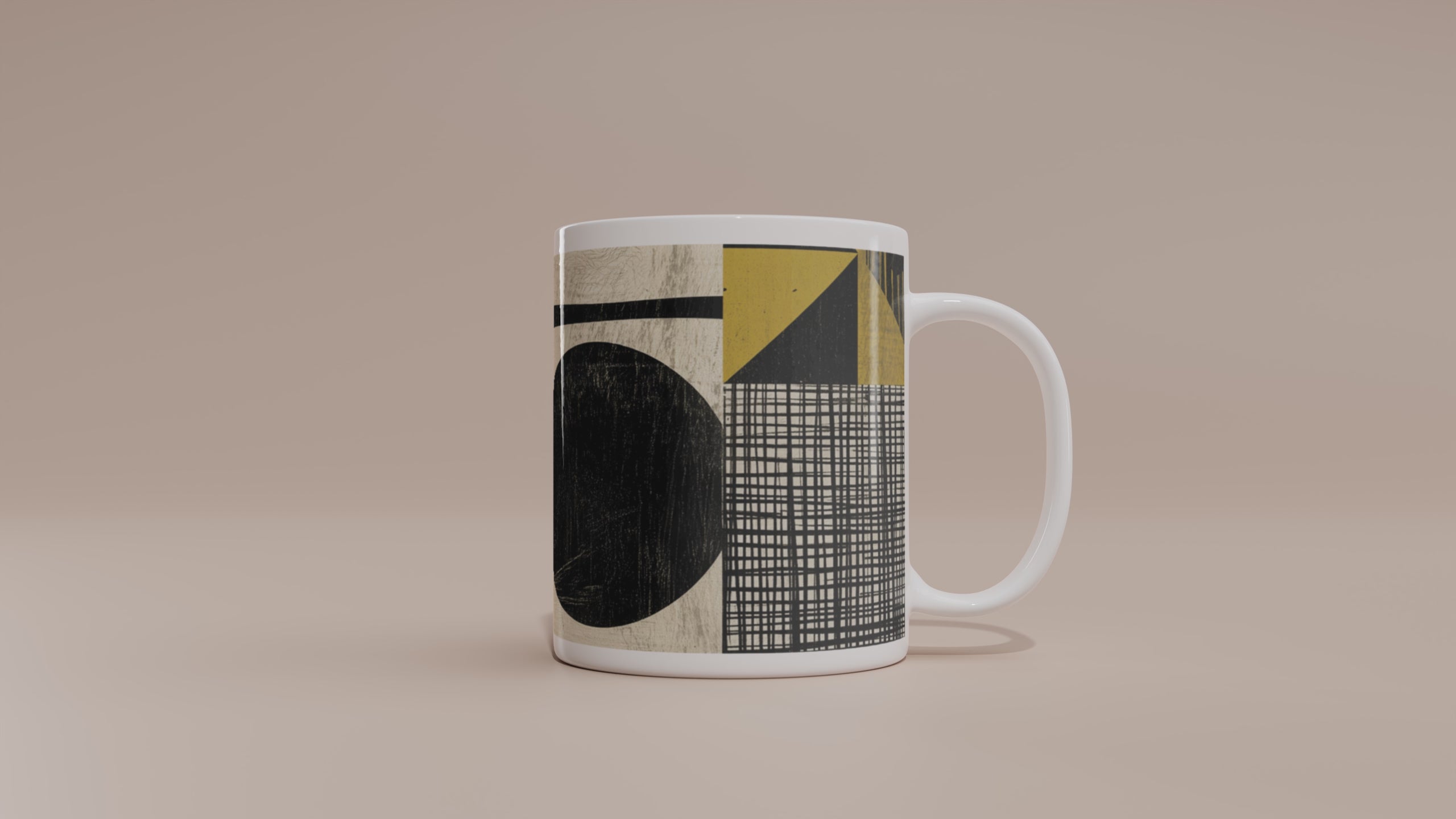 Video of the Afrocentric geometric coffee mug featuring bold black, mustard gold, cream and red abstract shapes, arches, stripes and checkerboard patterns.