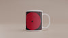 Video of 11 oz. red, black and cream abstract art coffee mug featuring bold geometric circles, stripes, organic shapes and a Bauhaus-inspired modern design.