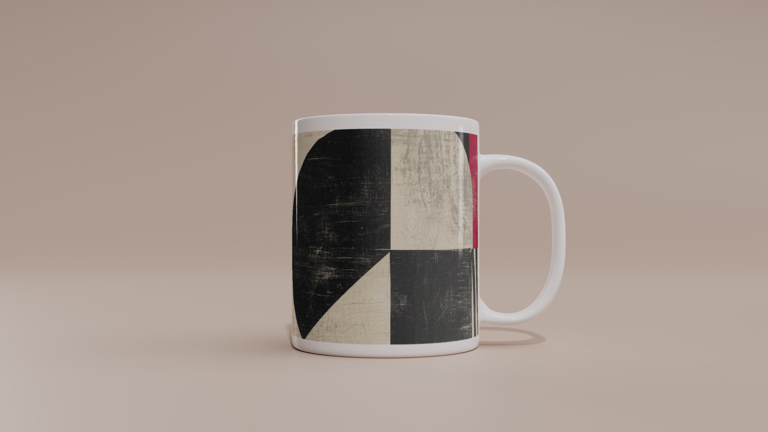 Video of 11 oz  Afrocentric geometric coffee mug featuring creme, black and red abstract shapes, arches, stripes and checkerboard patterns.
