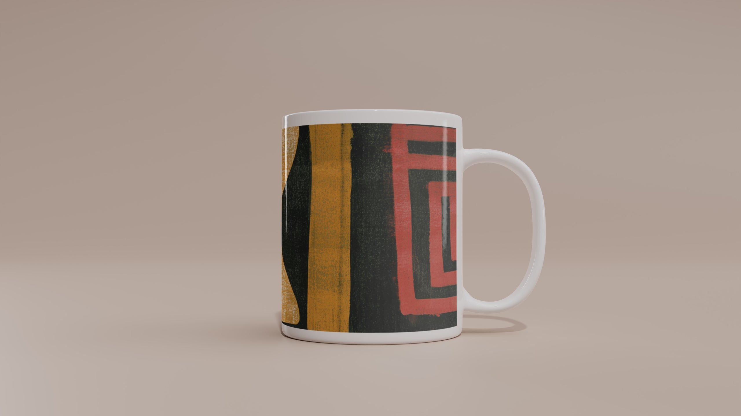 Video of Afrocentric abstract coffee mug featuring bold geometric shapes and textured patterns in red, gold, black, and cream.