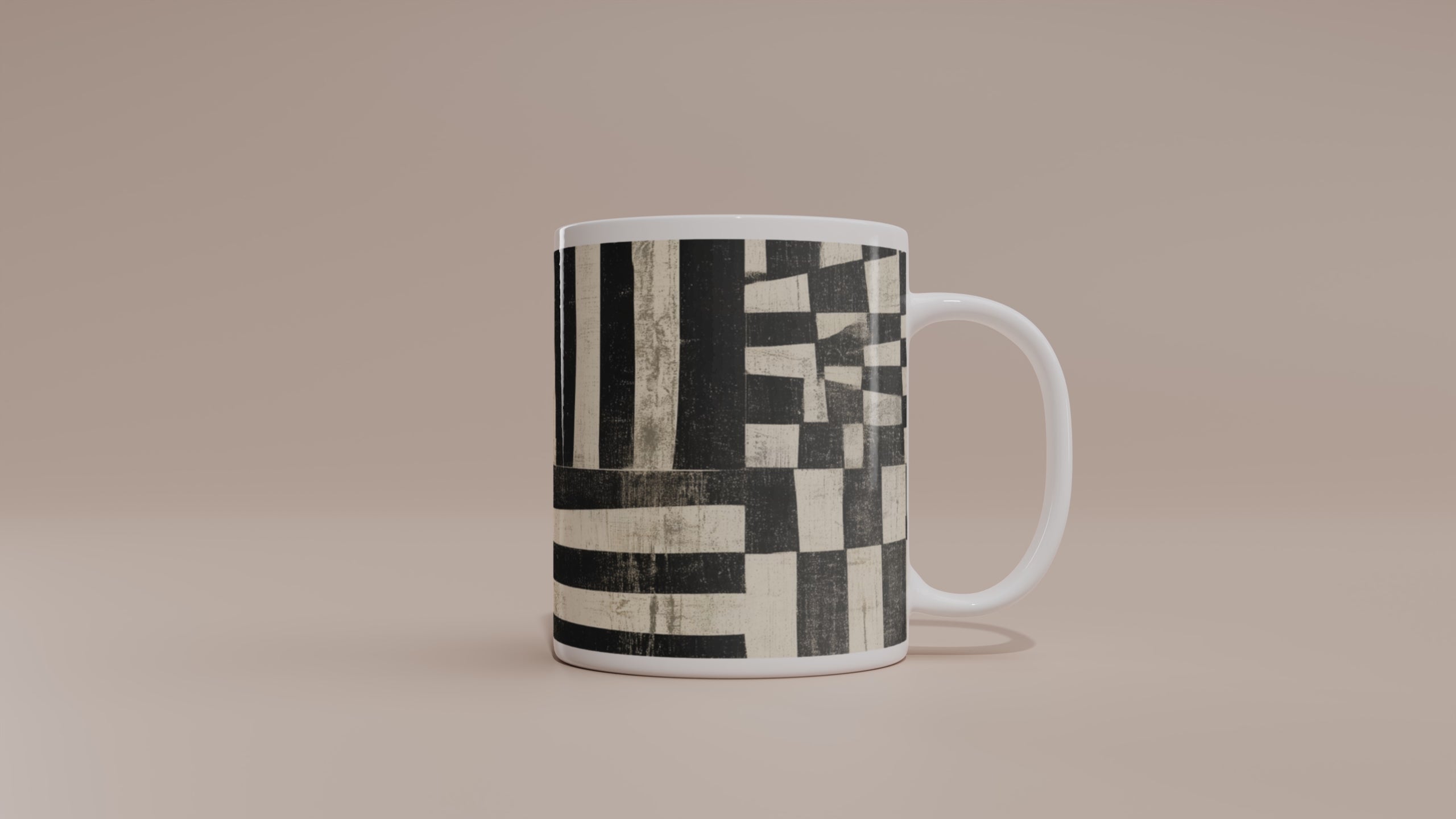 Video of an 11 oz  Afrocentric geometric coffee mug featuring black, creme and red abstract shapes, arches, stripes and checkerboard patterns.