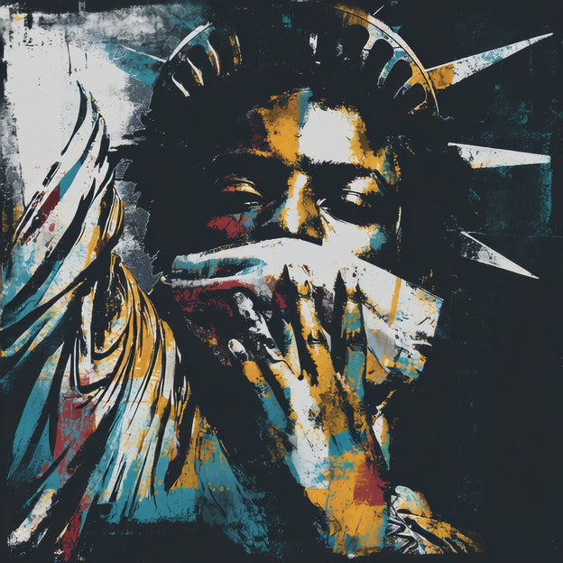 Black woman depicted as Statue of Liberty with mouth covered by white cloth symbolizing silenced freedom of speech First Amendment protest art on tee shirt
