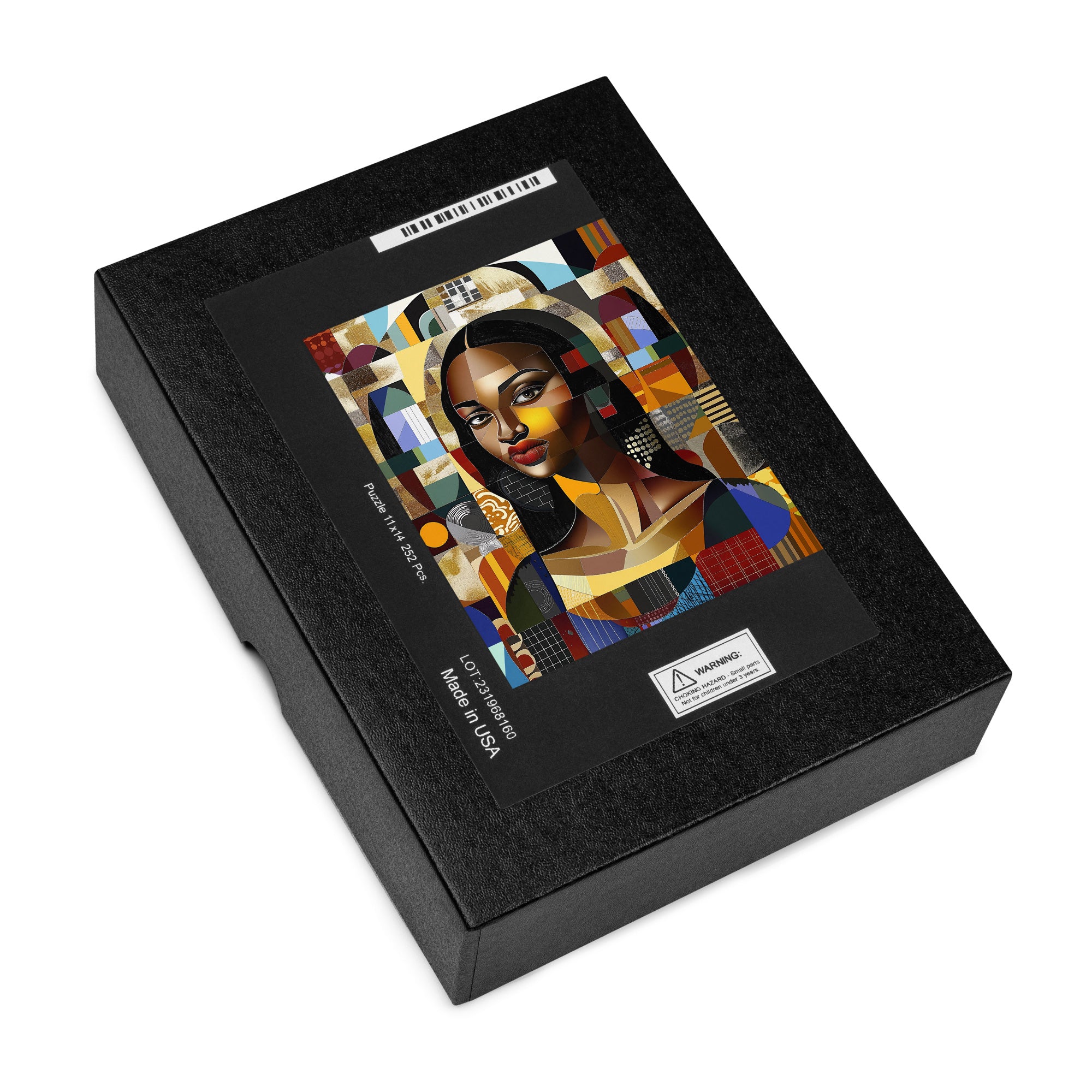 Black Mona Lisa Jigsaw Puzzle featuring an African American woman in abstract Afrocentric pop art style. A unique and vibrant puzzle perfect for art lovers, collectors, and gift-giving.