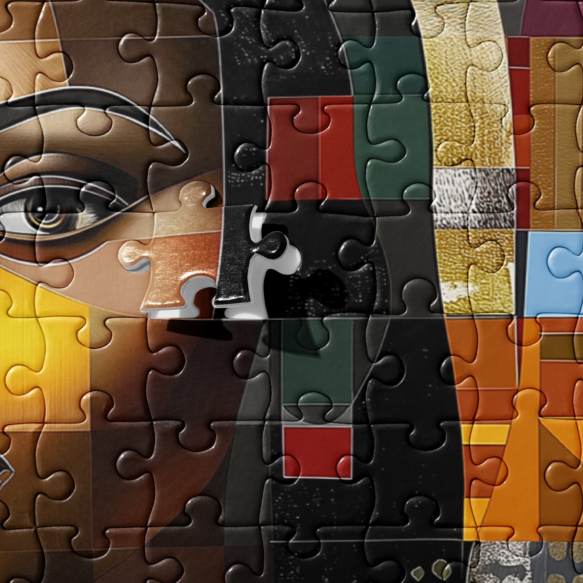 Black Mona Lisa Jigsaw Puzzle featuring an African American woman in abstract Afrocentric pop art style. A unique and vibrant puzzle perfect for art lovers, collectors, and gift-giving.