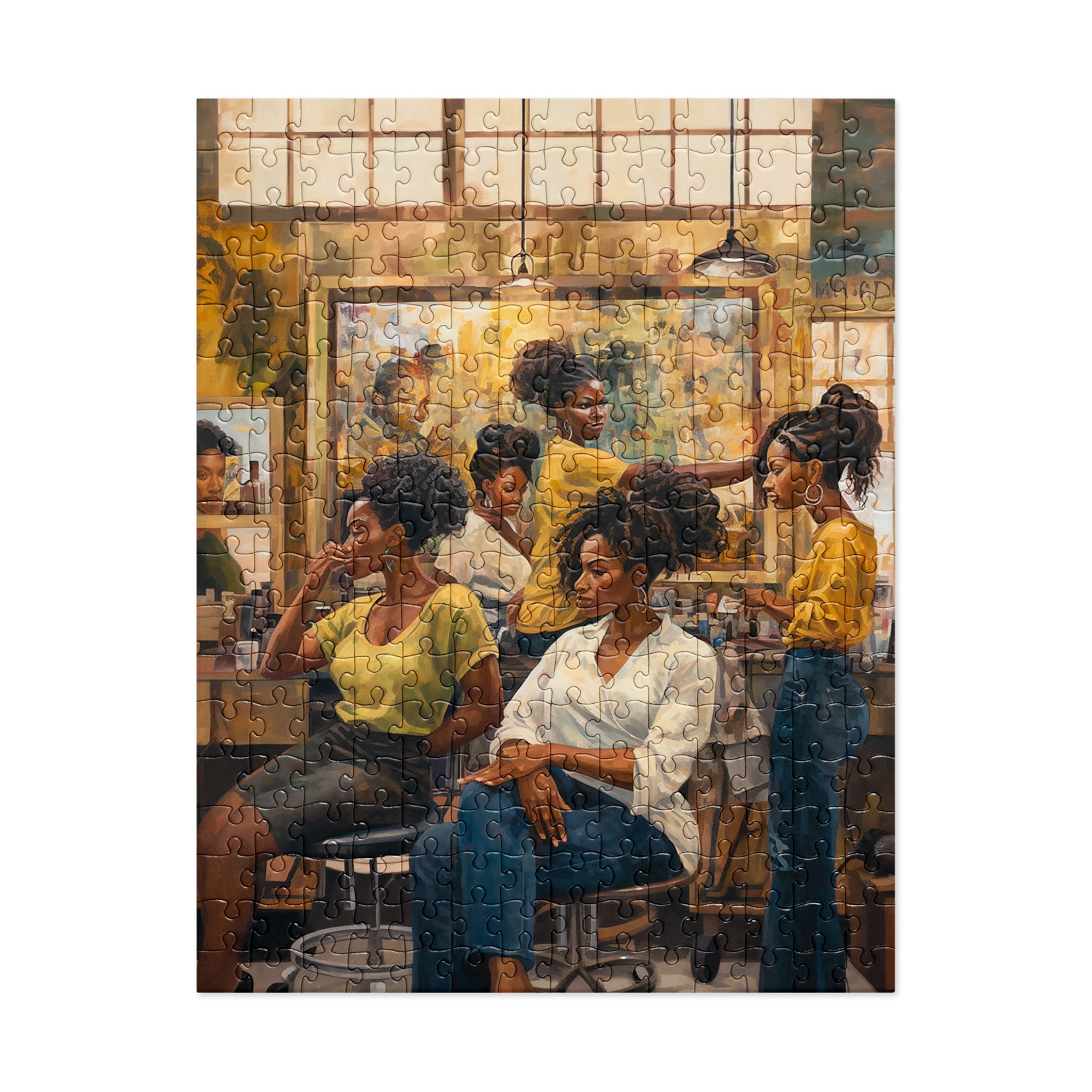 Step inside the vibrant world of the Black beauty shop with this stunning jigsaw puzzle, showcasing its lively atmosphere, rich traditions, and moments of connection. A celebration of pride, style, and heritage in every piece.