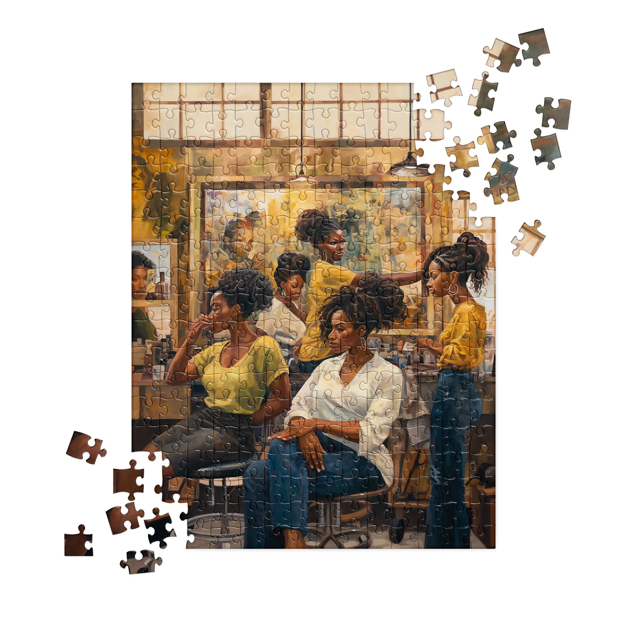 Step inside the vibrant world of the Black beauty shop with this stunning jigsaw puzzle, showcasing its lively atmosphere, rich traditions, and moments of connection. A celebration of pride, style, and heritage in every piece.