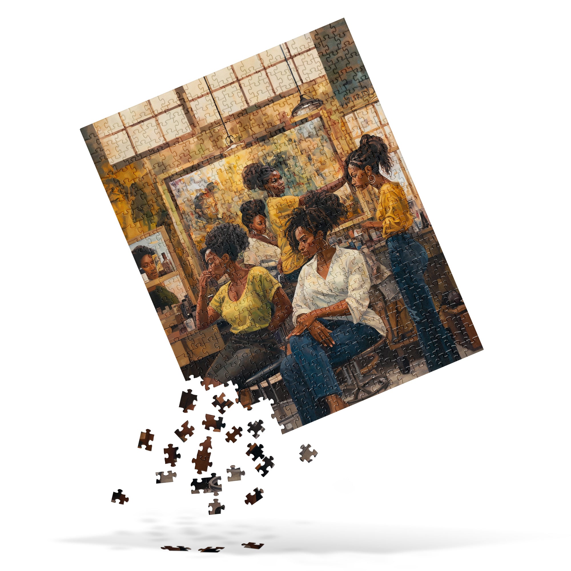Step inside the vibrant world of the Black beauty shop with this stunning jigsaw puzzle, showcasing its lively atmosphere, rich traditions, and moments of connection. A celebration of pride, style, and heritage in every piece.