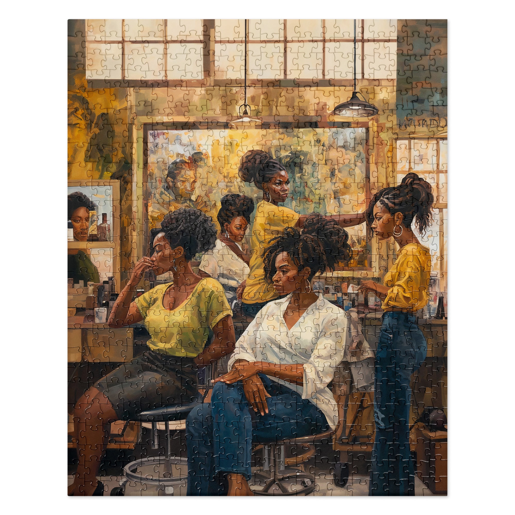 Step inside the vibrant world of the Black beauty shop with this stunning jigsaw puzzle, showcasing its lively atmosphere, rich traditions, and moments of connection. A celebration of pride, style, and heritage in every piece.