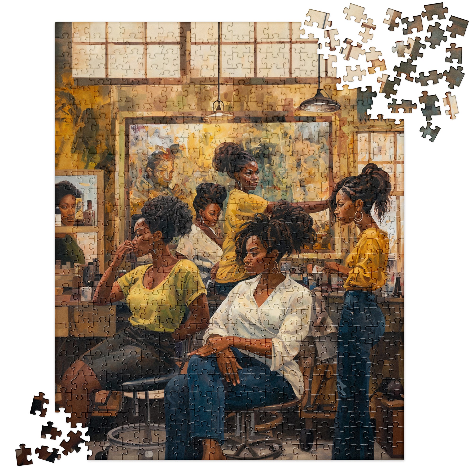 Step inside the vibrant world of the Black beauty shop with this stunning jigsaw puzzle, showcasing its lively atmosphere, rich traditions, and moments of connection. A celebration of pride, style, and heritage in every piece.