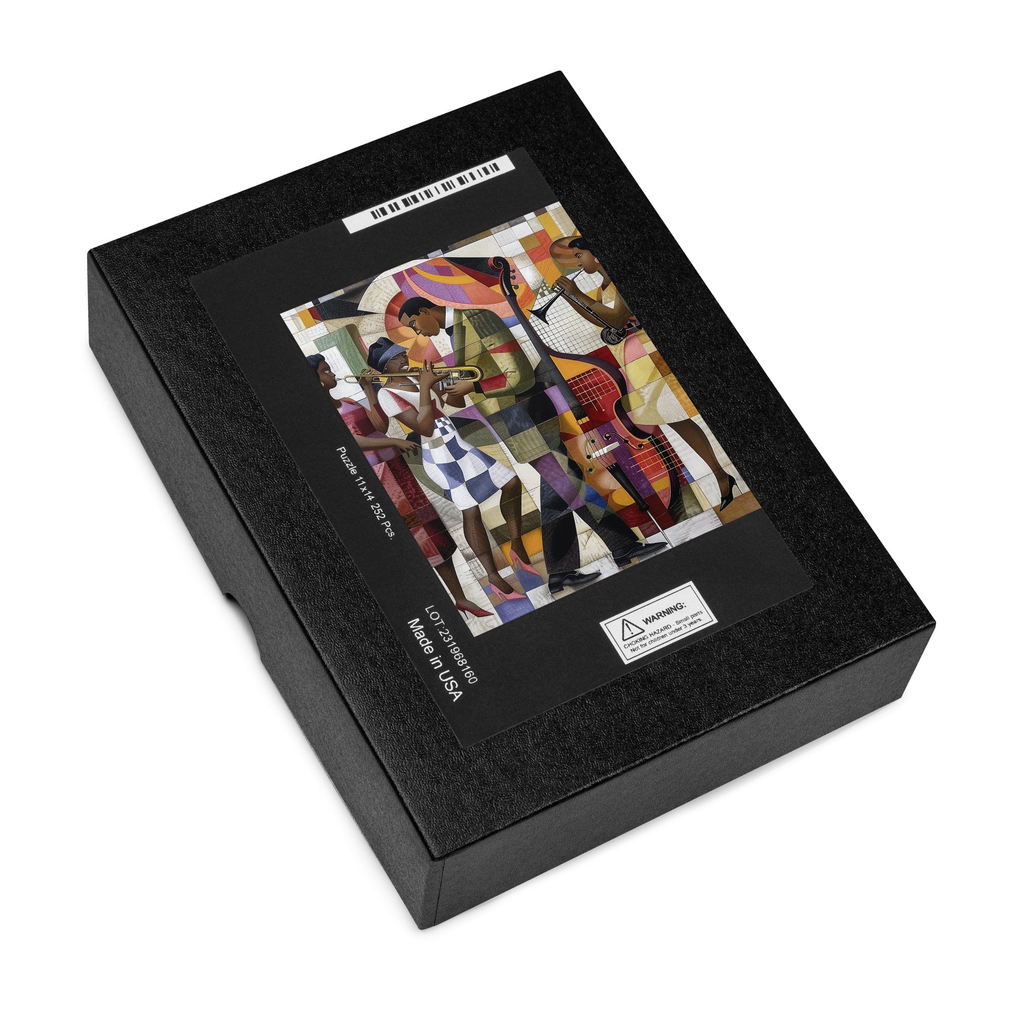 Afrocentric Jazz Musicians Jigsaw Puzzle featuring a bold Bauhaus-style design with abstract, vibrant artwork of African American men and women musicians, celebrating the energy and creativity of the Harlem Renaissance jazz era.