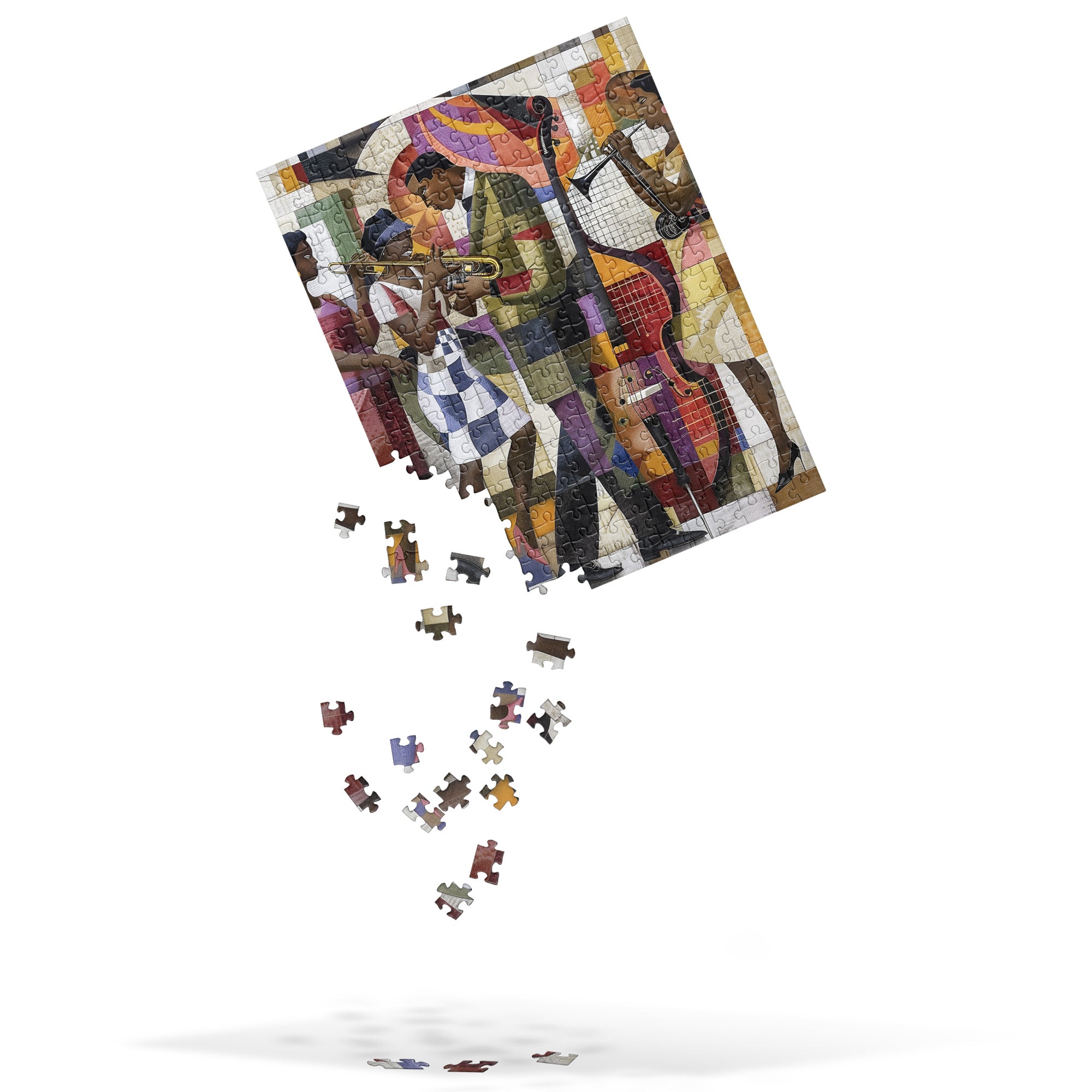 Afrocentric Jazz Musicians Jigsaw Puzzle featuring a bold Bauhaus-style design with abstract, vibrant artwork of African American men and women musicians, celebrating the energy and creativity of the Harlem Renaissance jazz era.