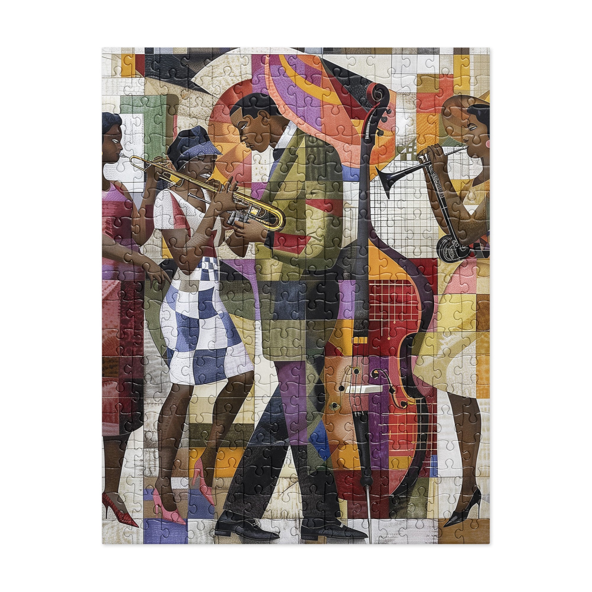 Afrocentric Jazz Musicians Jigsaw Puzzle featuring a bold Bauhaus-style design with abstract, vibrant artwork of African American men and women musicians, celebrating the energy and creativity of the Harlem Renaissance jazz era.