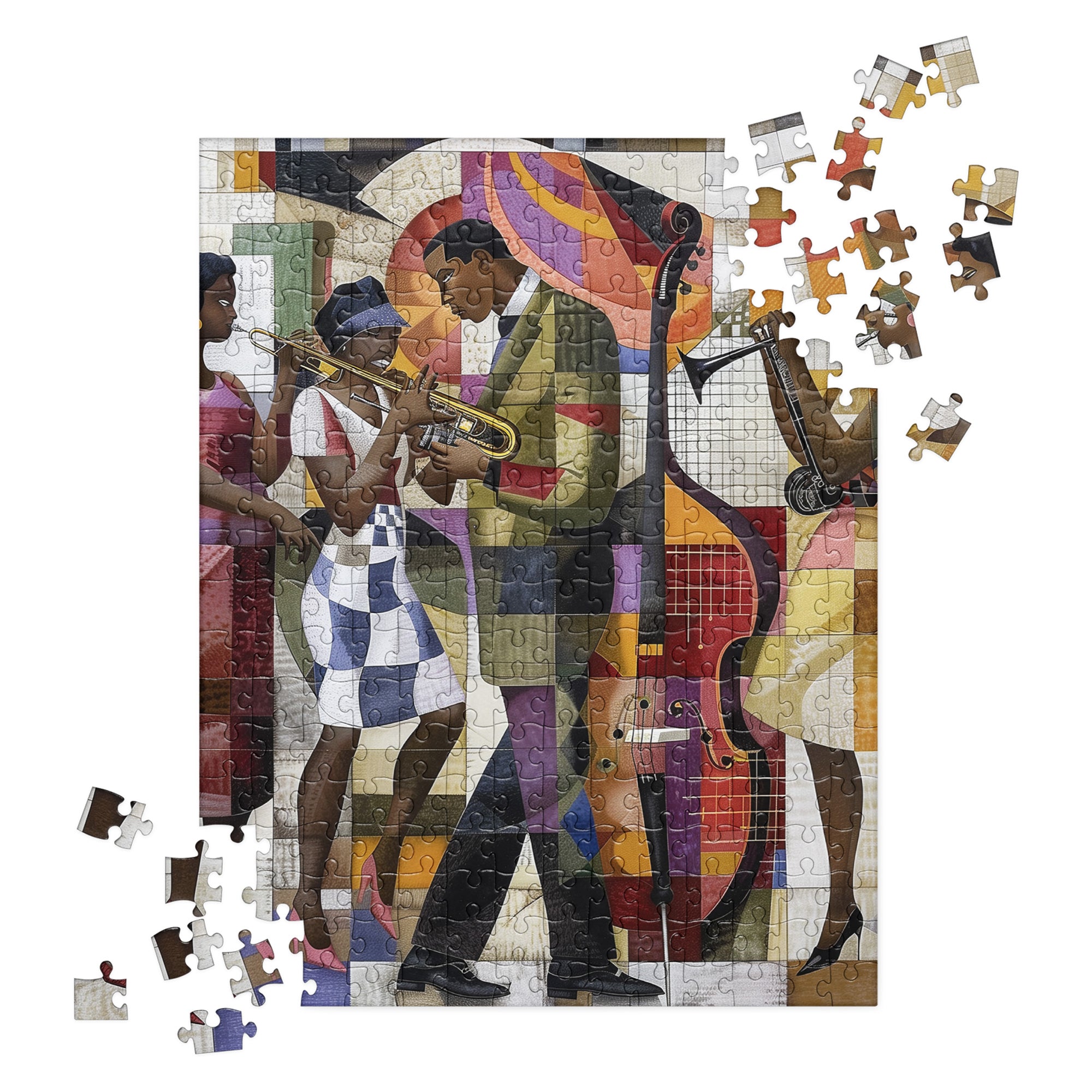 Afrocentric Jazz Musicians Jigsaw Puzzle featuring a bold Bauhaus-style design with abstract, vibrant artwork of African American men and women musicians, celebrating the energy and creativity of the Harlem Renaissance jazz era.