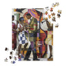 Afrocentric Jazz Musicians Jigsaw Puzzle featuring a bold Bauhaus-style design with abstract, vibrant artwork of African American men and women musicians, celebrating the energy and creativity of the Harlem Renaissance jazz era.