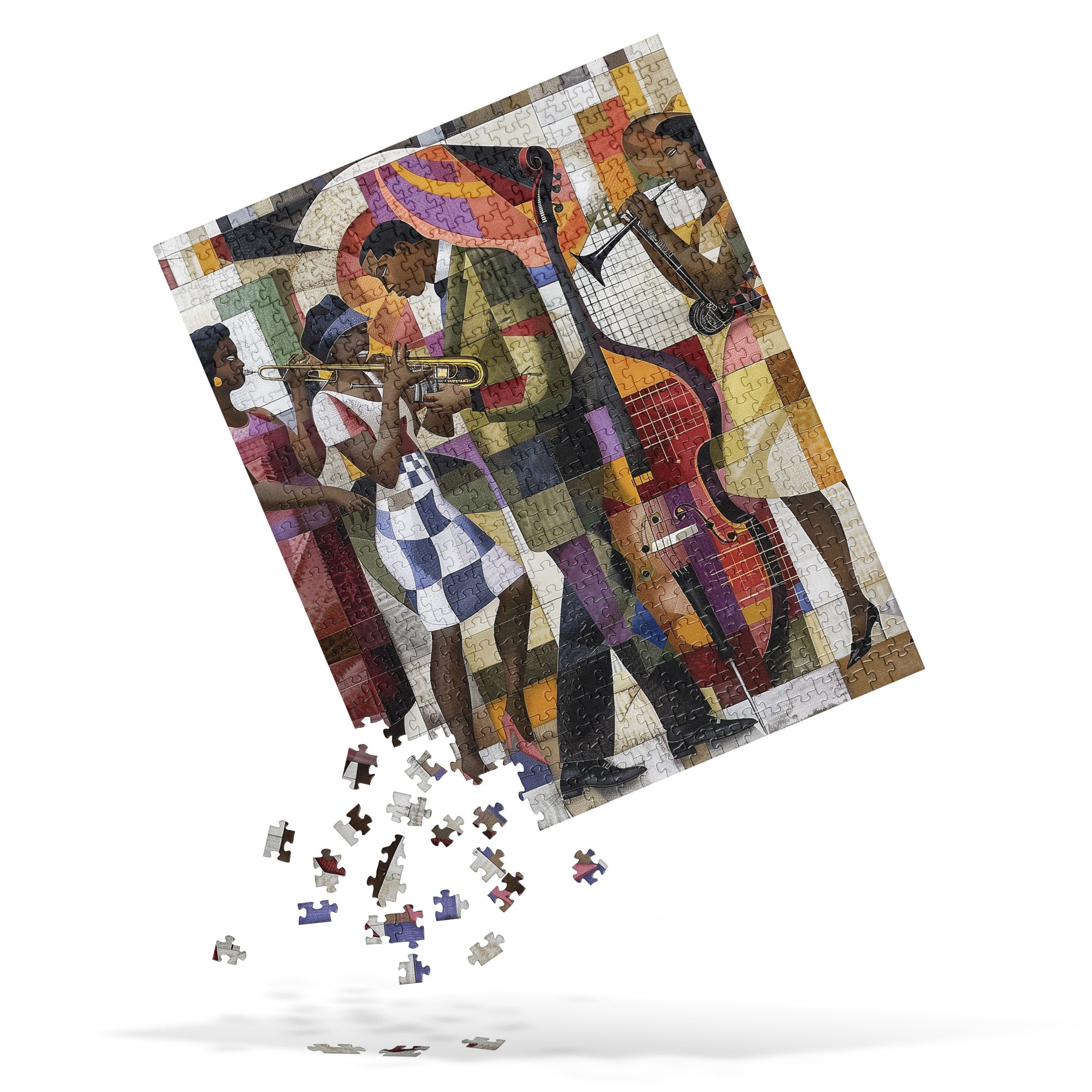 Afrocentric Jazz Musicians Jigsaw Puzzle featuring a bold Bauhaus-style design with abstract, vibrant artwork of African American men and women musicians, celebrating the energy and creativity of the Harlem Renaissance jazz era.