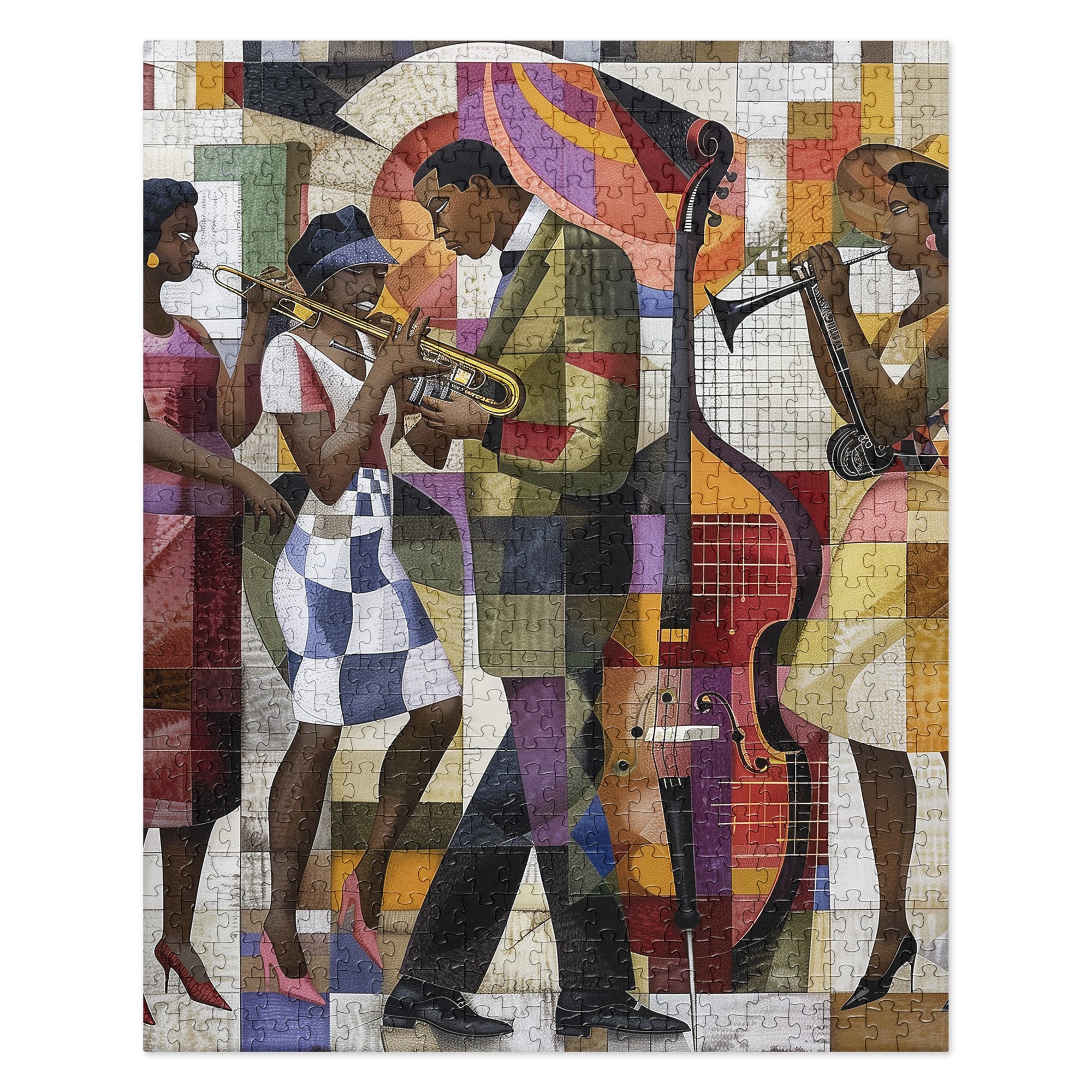Afrocentric Jazz Musicians Jigsaw Puzzle featuring a bold Bauhaus-style design with abstract, vibrant artwork of African American men and women musicians, celebrating the energy and creativity of the Harlem Renaissance jazz era.