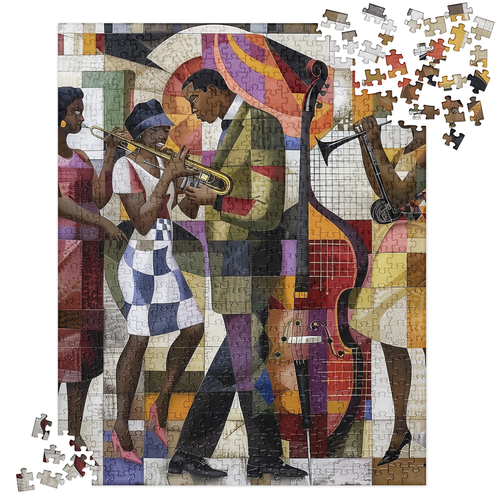 Afrocentric Jazz Musicians Jigsaw Puzzle featuring a bold Bauhaus-style design with abstract, vibrant artwork of African American men and women musicians, celebrating the energy and creativity of the Harlem Renaissance jazz era.