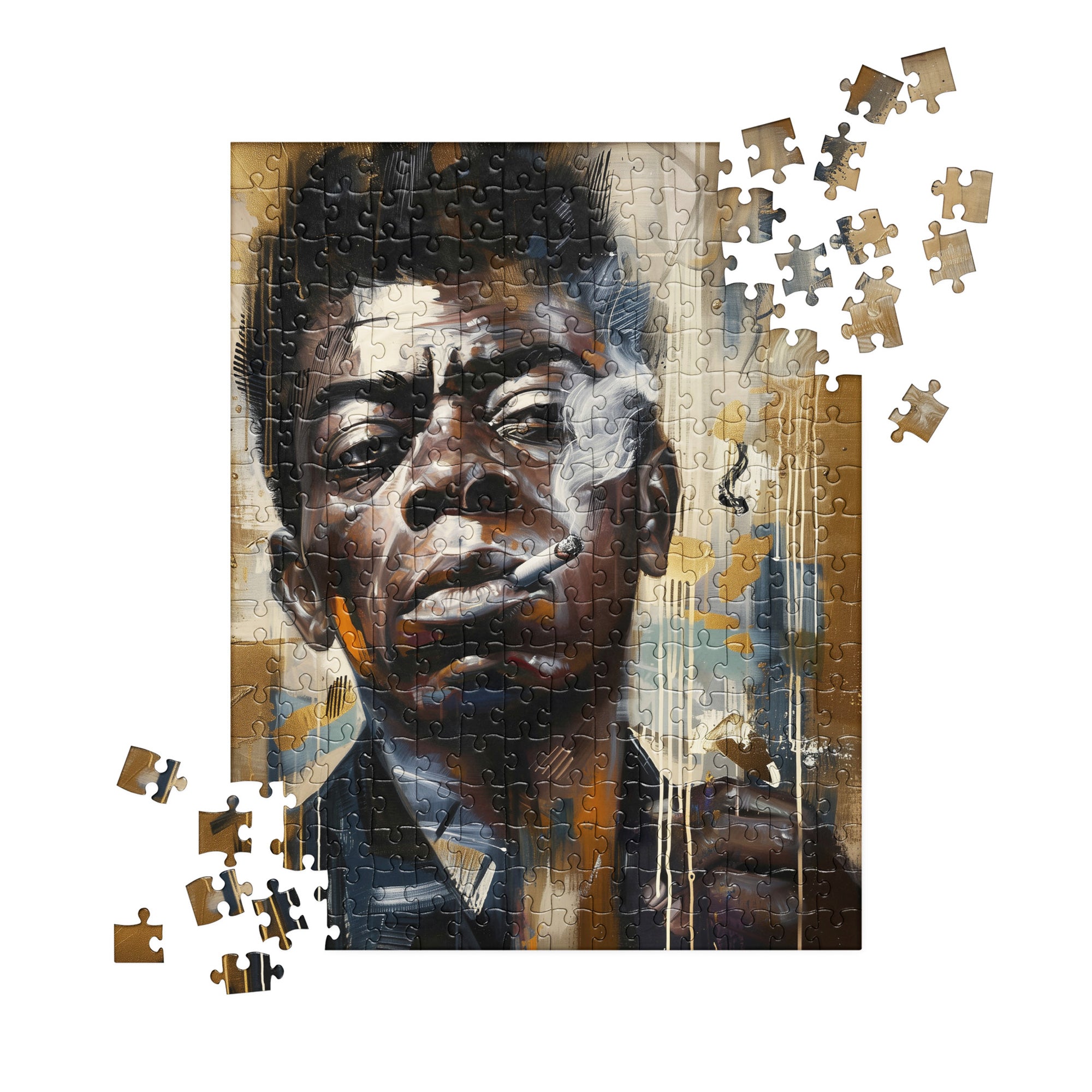 James Baldwin Jigsaw Puzzle featuring Afrocentric art of the iconic Black author and civil rights activist, with bold colors and expressive portrait design.
