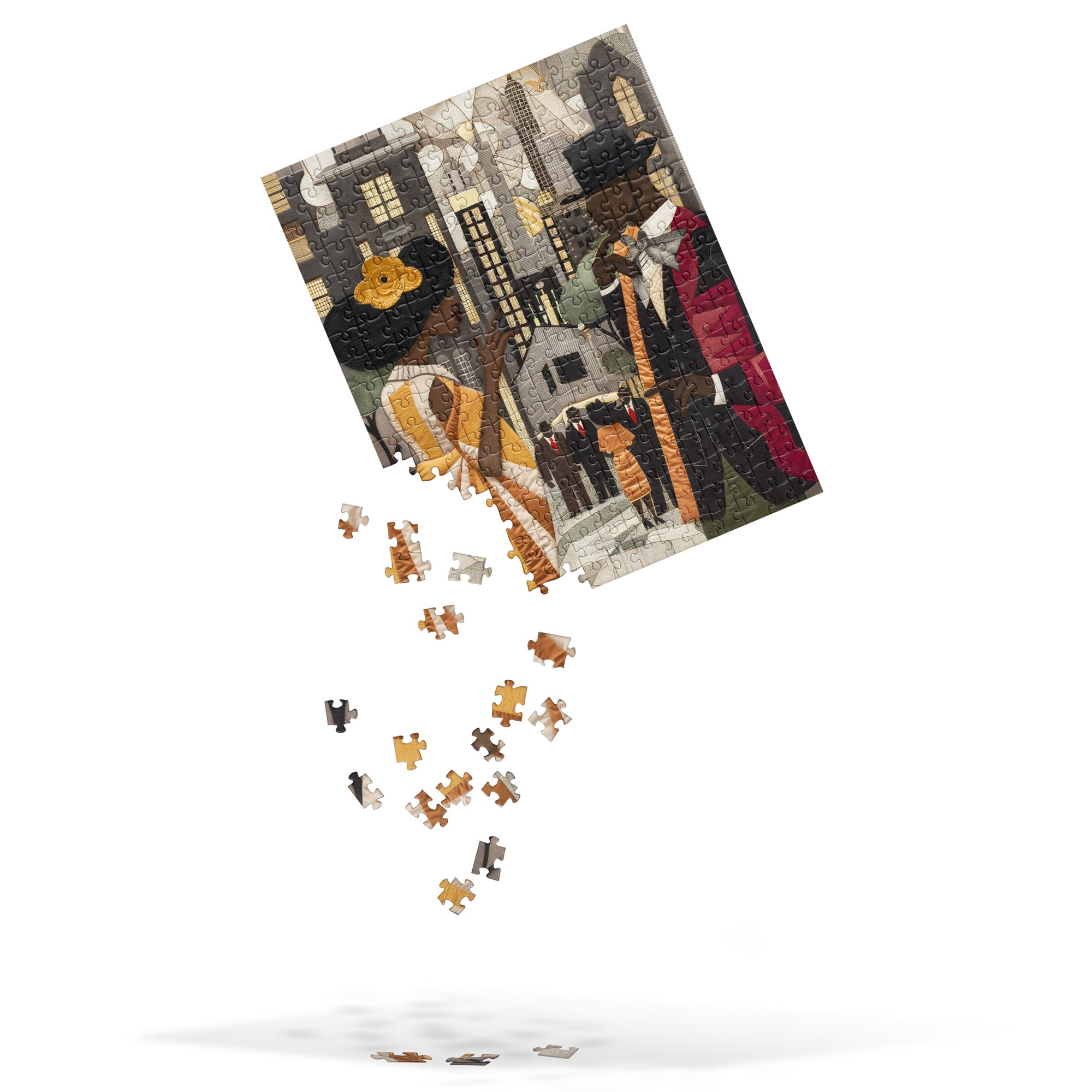 Harlem Renaissance jigsaw puzzle featuring elegantly dressed African American couples in vintage attire, set against the dazzling New York cityscape. A celebration of Black excellence, culture, and artistic brilliance from the Harlem Renaissance era.