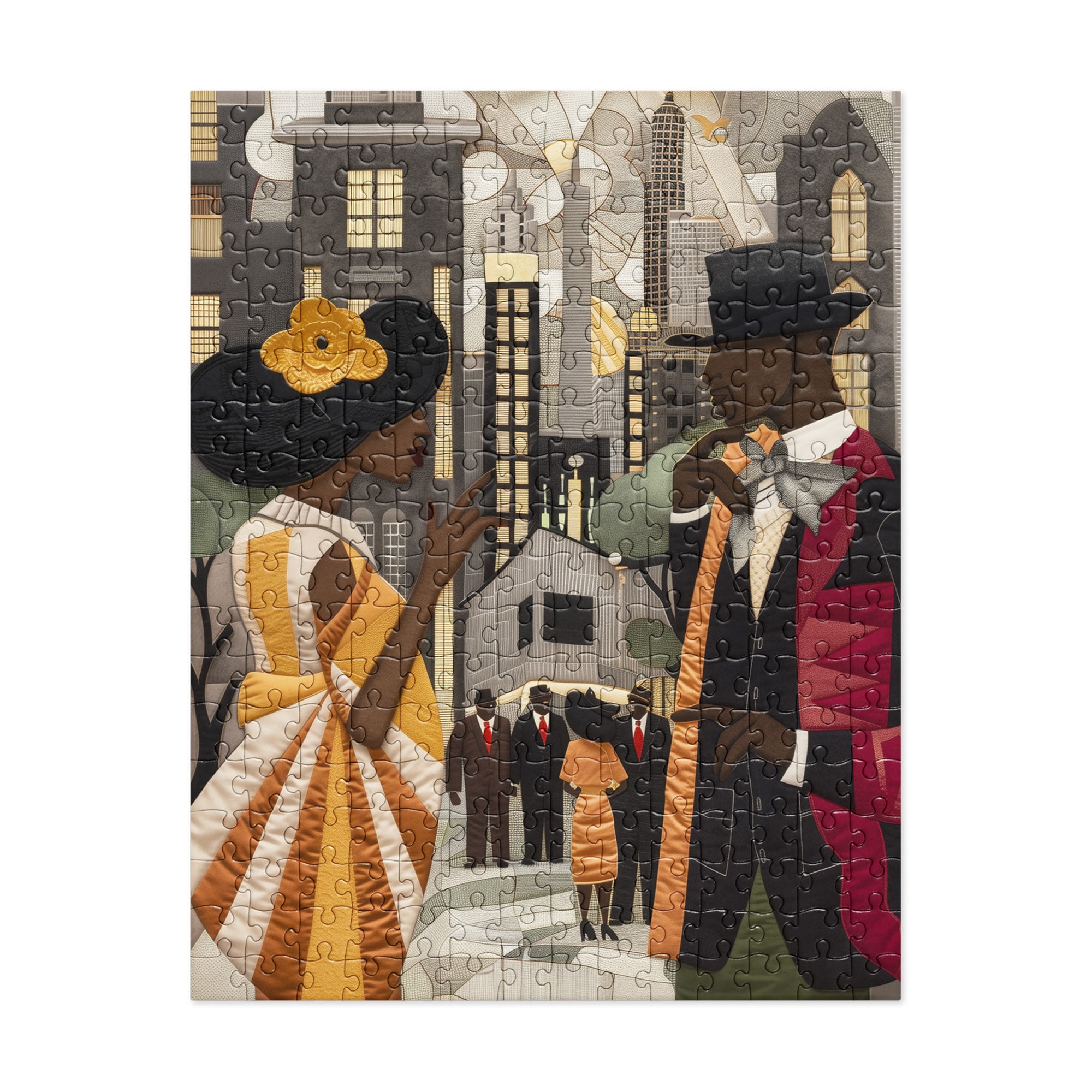 Harlem Renaissance jigsaw puzzle featuring elegantly dressed African American couples in vintage attire, set against the dazzling New York cityscape. A celebration of Black excellence, culture, and artistic brilliance from the Harlem Renaissance era.