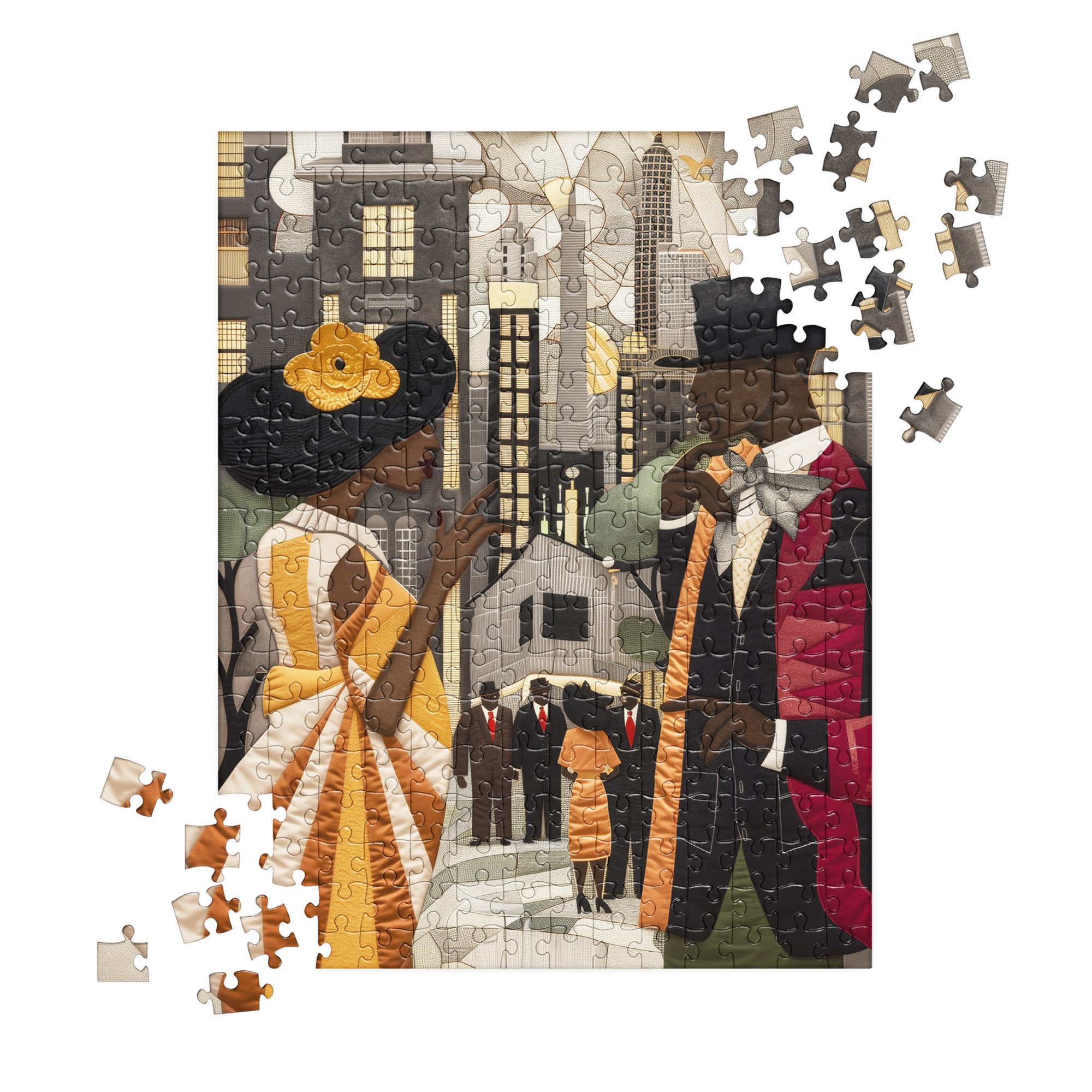 Harlem Renaissance jigsaw puzzle featuring elegantly dressed African American couples in vintage attire, set against the dazzling New York cityscape. A celebration of Black excellence, culture, and artistic brilliance from the Harlem Renaissance era.