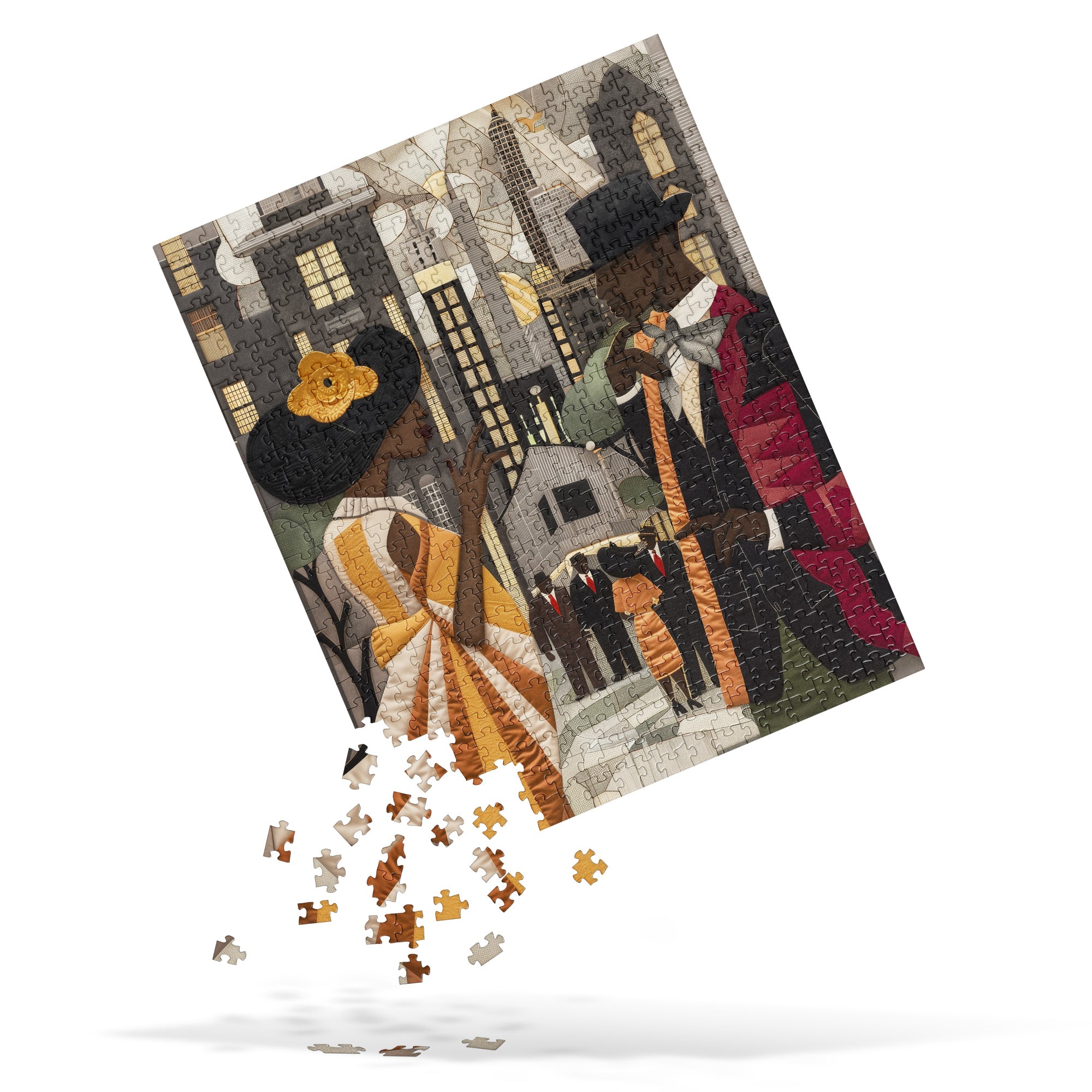 Harlem Renaissance jigsaw puzzle featuring elegantly dressed African American couples in vintage attire, set against the dazzling New York cityscape. A celebration of Black excellence, culture, and artistic brilliance from the Harlem Renaissance era.