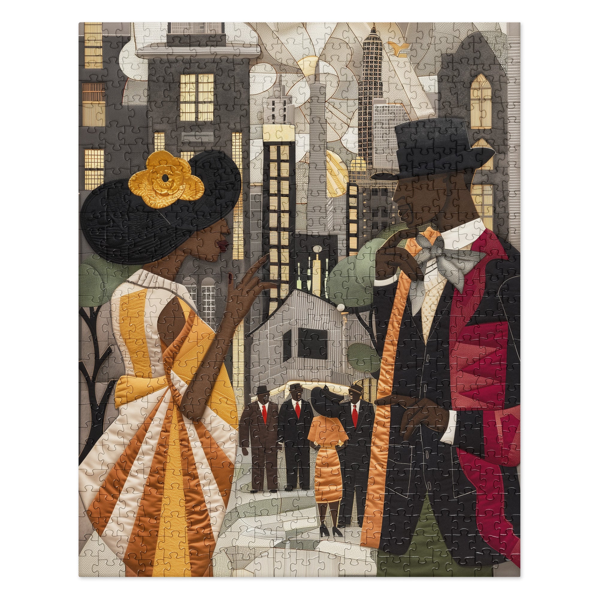 Harlem Renaissance jigsaw puzzle featuring elegantly dressed African American couples in vintage attire, set against the dazzling New York cityscape. A celebration of Black excellence, culture, and artistic brilliance from the Harlem Renaissance era.
