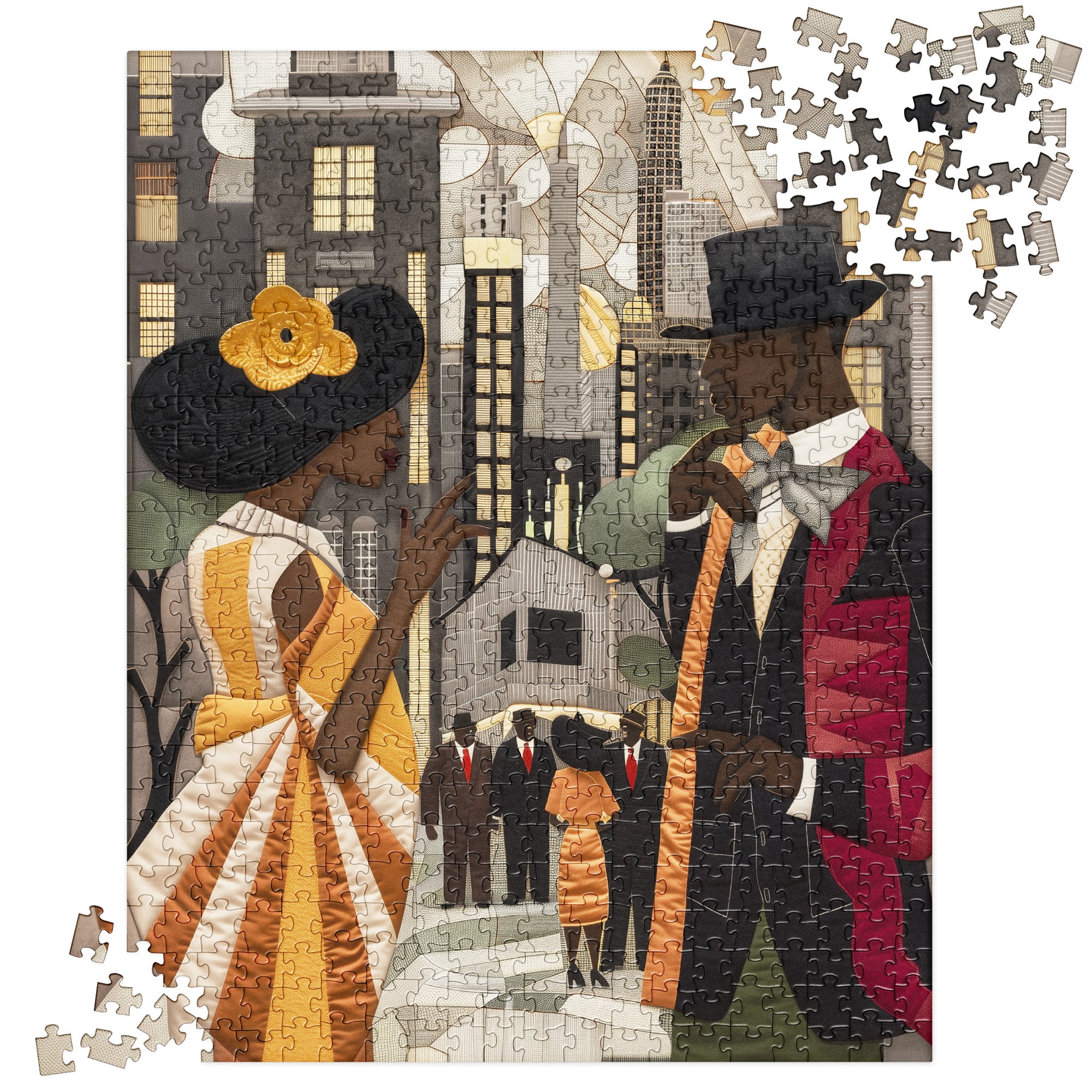 Harlem Renaissance jigsaw puzzle featuring elegantly dressed African American couples in vintage attire, set against the dazzling New York cityscape. A celebration of Black excellence, culture, and artistic brilliance from the Harlem Renaissance era.