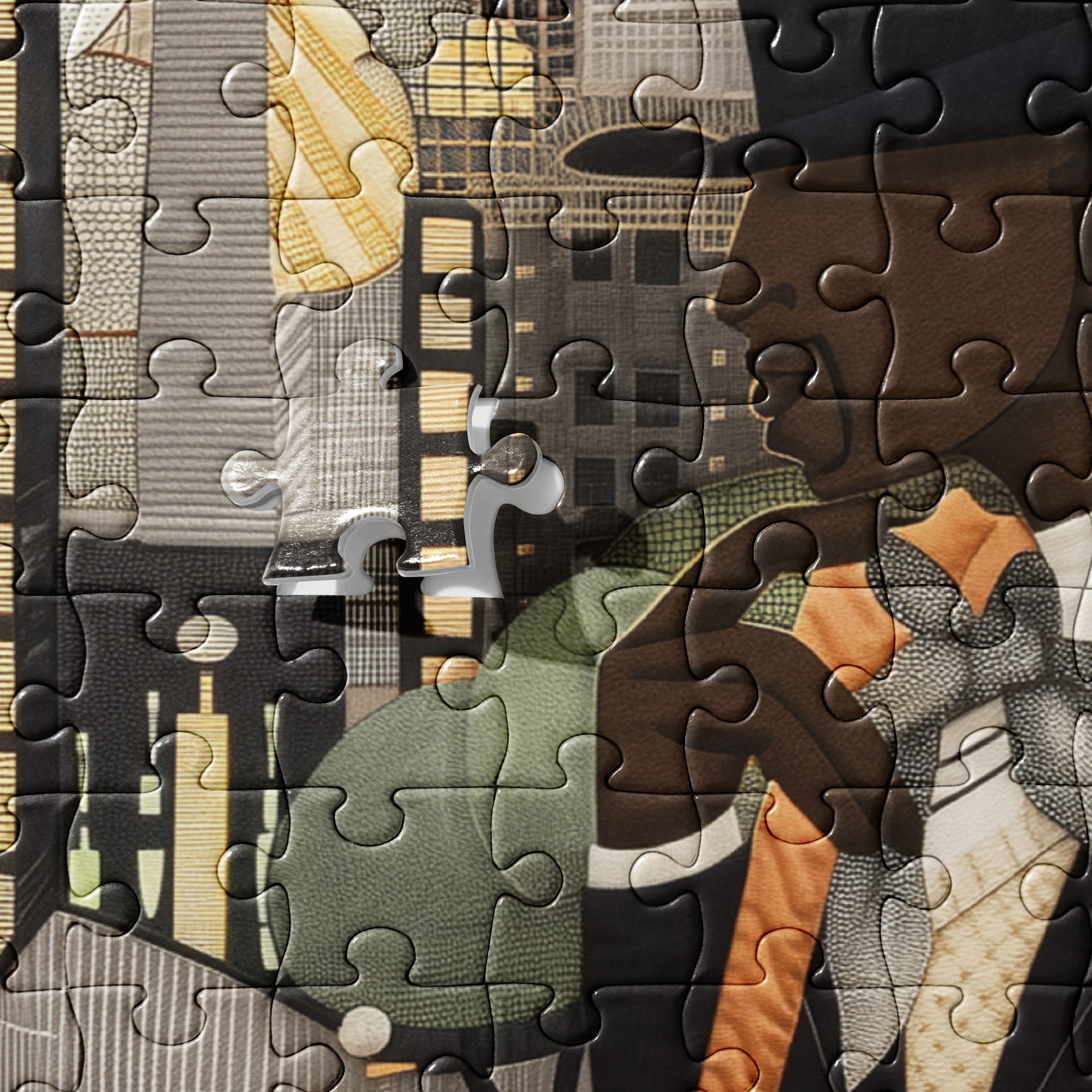Harlem Renaissance jigsaw puzzle featuring elegantly dressed African American couples in vintage attire, set against the dazzling New York cityscape. A celebration of Black excellence, culture, and artistic brilliance from the Harlem Renaissance era.