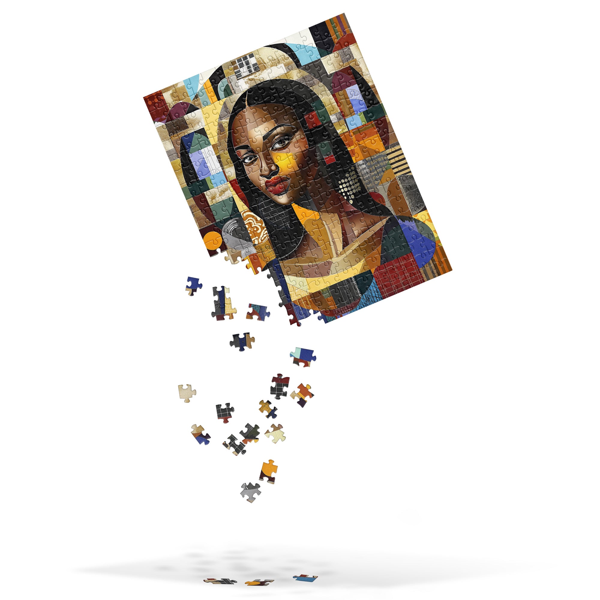 Black Mona Lisa Jigsaw Puzzle featuring an African American woman in abstract Afrocentric pop art style. A unique and vibrant puzzle perfect for art lovers, collectors, and gift-giving.