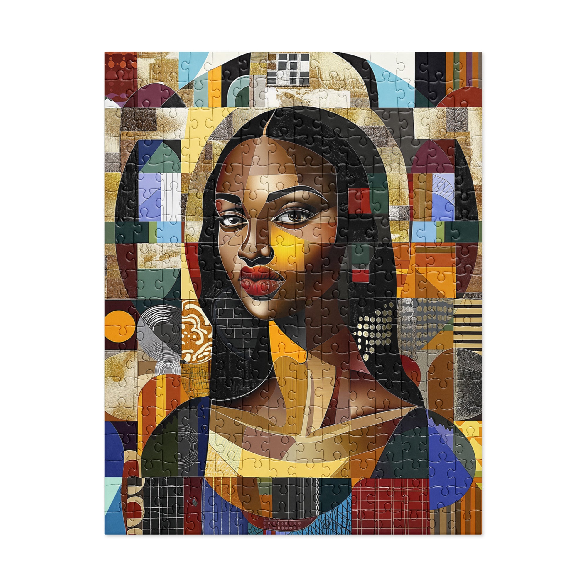 Black Mona Lisa Jigsaw Puzzle featuring an African American woman in abstract Afrocentric pop art style. A unique and vibrant puzzle perfect for art lovers, collectors, and gift-giving.
