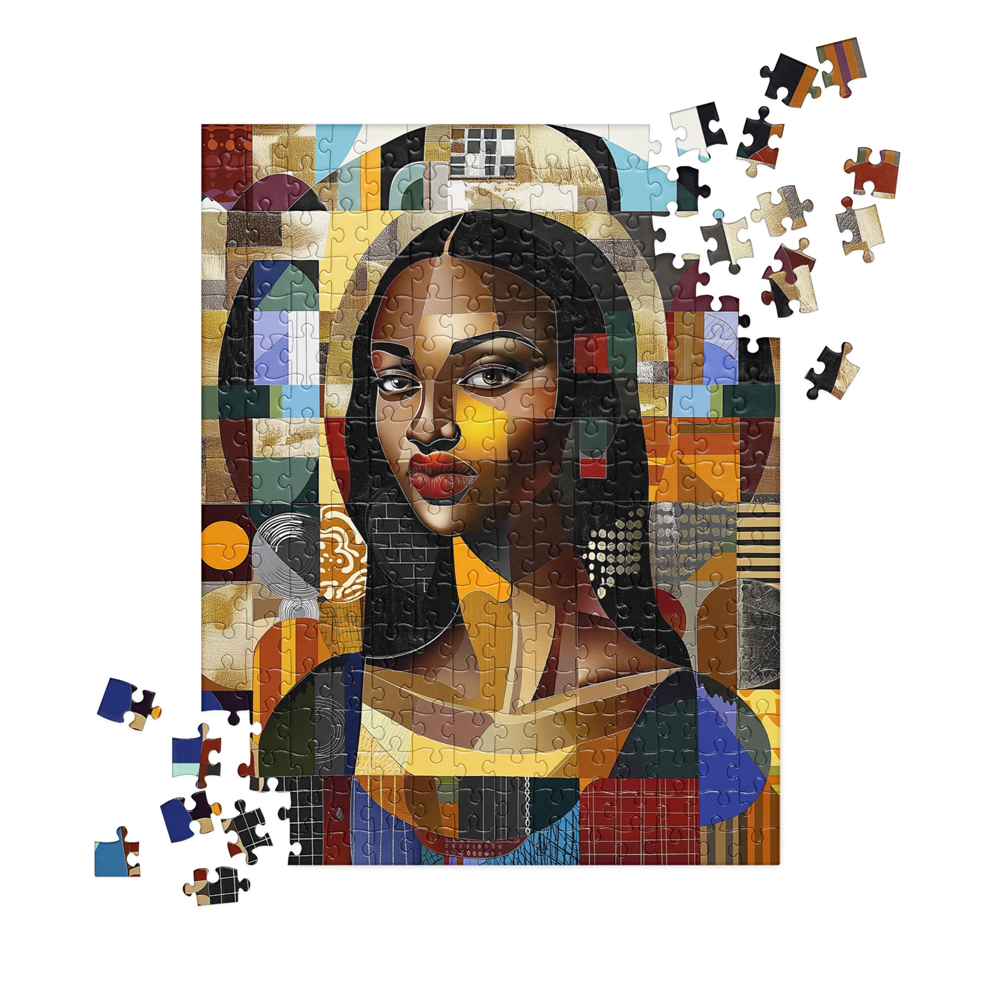 Black Mona Lisa Jigsaw Puzzle featuring an African American woman in abstract Afrocentric pop art style. A unique and vibrant puzzle perfect for art lovers, collectors, and gift-giving.