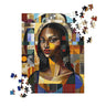 Black Mona Lisa Jigsaw Puzzle featuring an African American woman in abstract Afrocentric pop art style. A unique and vibrant puzzle perfect for art lovers, collectors, and gift-giving.