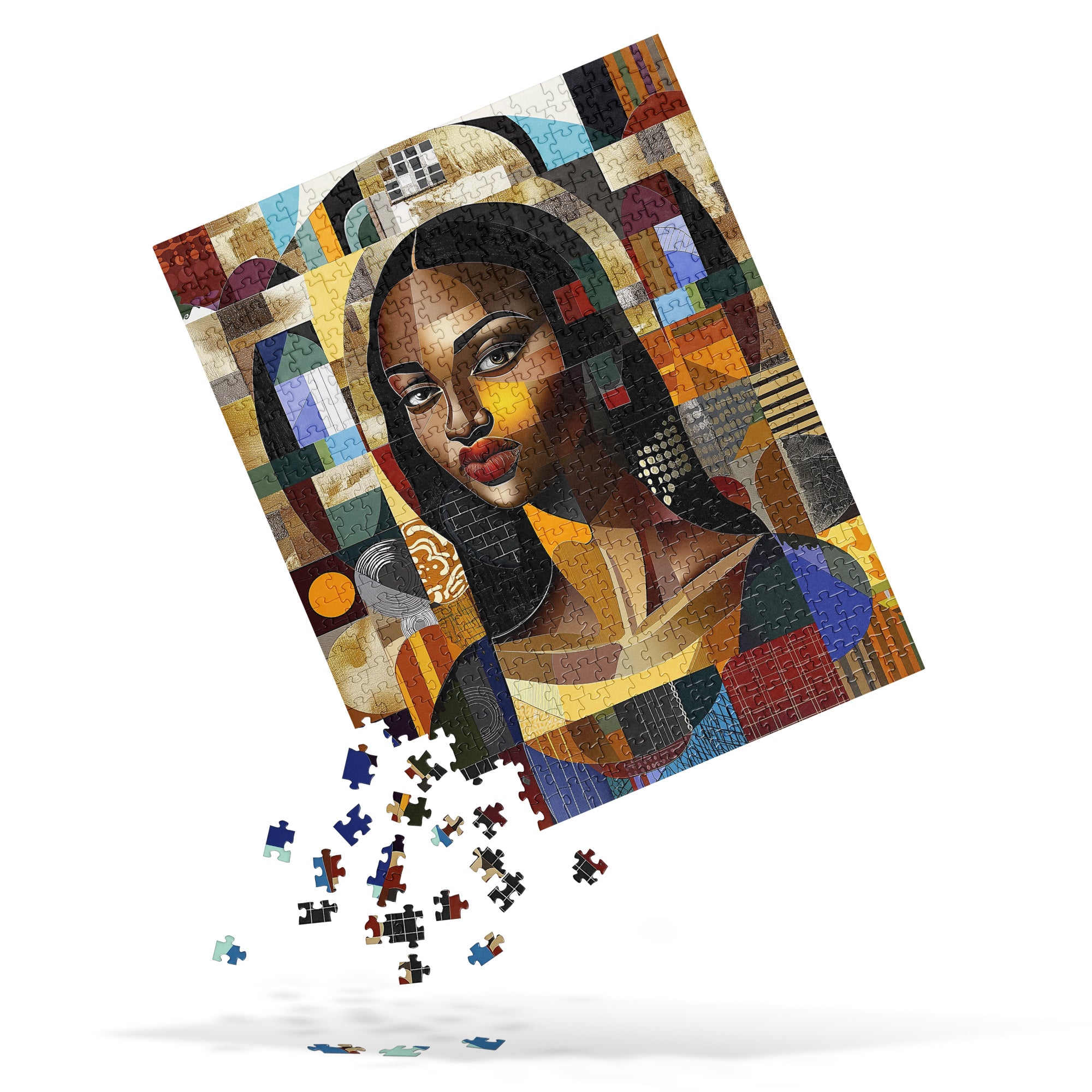 Black Mona Lisa Jigsaw Puzzle featuring an African American woman in abstract Afrocentric pop art style. A unique and vibrant puzzle perfect for art lovers, collectors, and gift-giving.