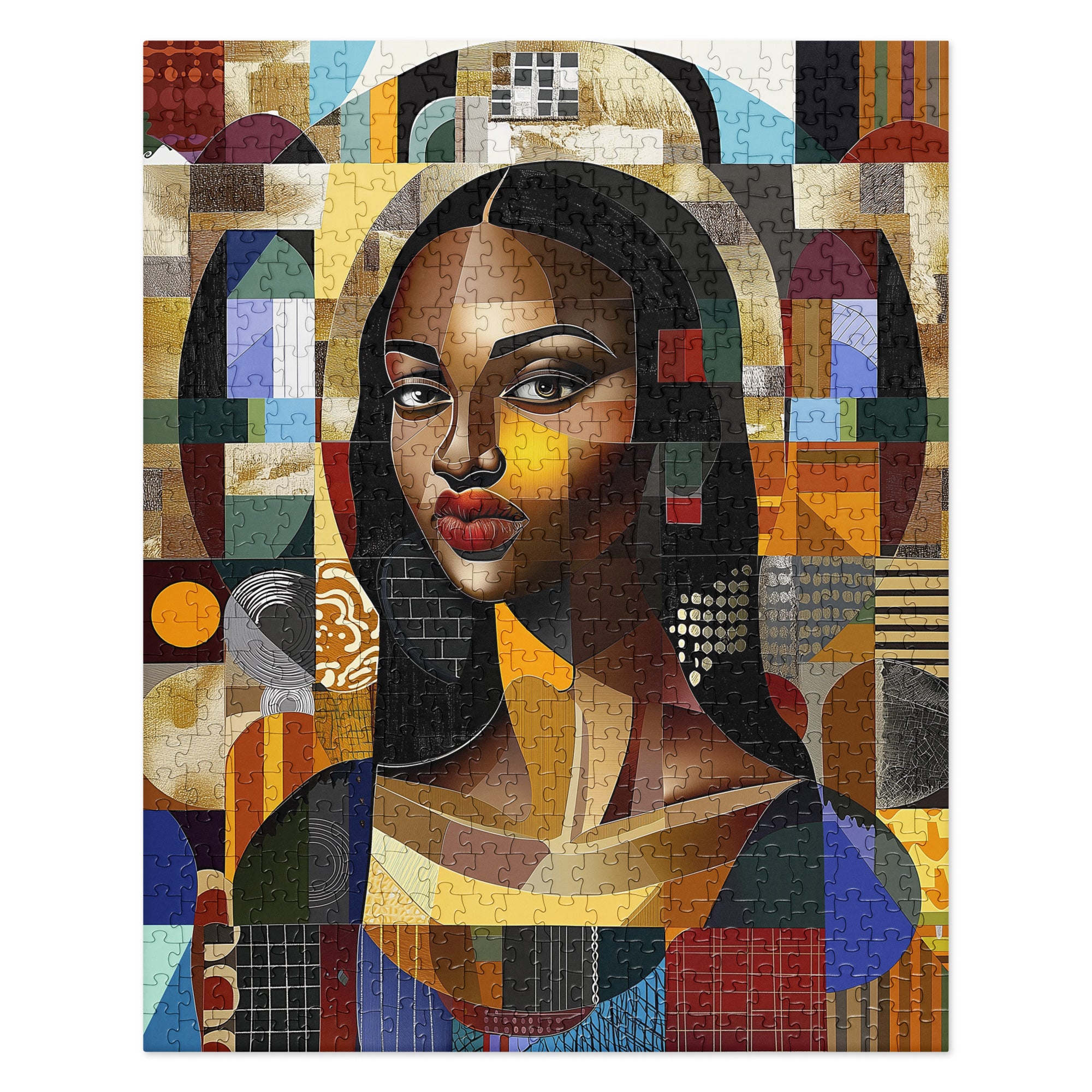 Black Mona Lisa Jigsaw Puzzle featuring an African American woman in abstract Afrocentric pop art style. A unique and vibrant puzzle perfect for art lovers, collectors, and gift-giving.