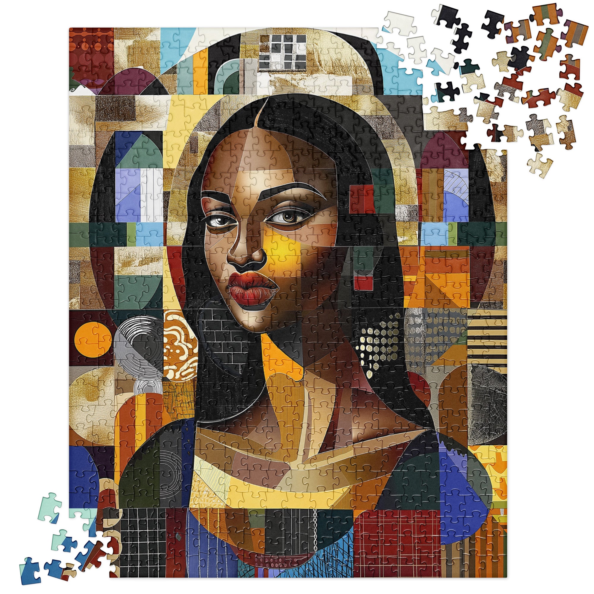 Black Mona Lisa Jigsaw Puzzle featuring an African American woman in abstract Afrocentric pop art style. A unique and vibrant puzzle perfect for art lovers, collectors, and gift-giving.