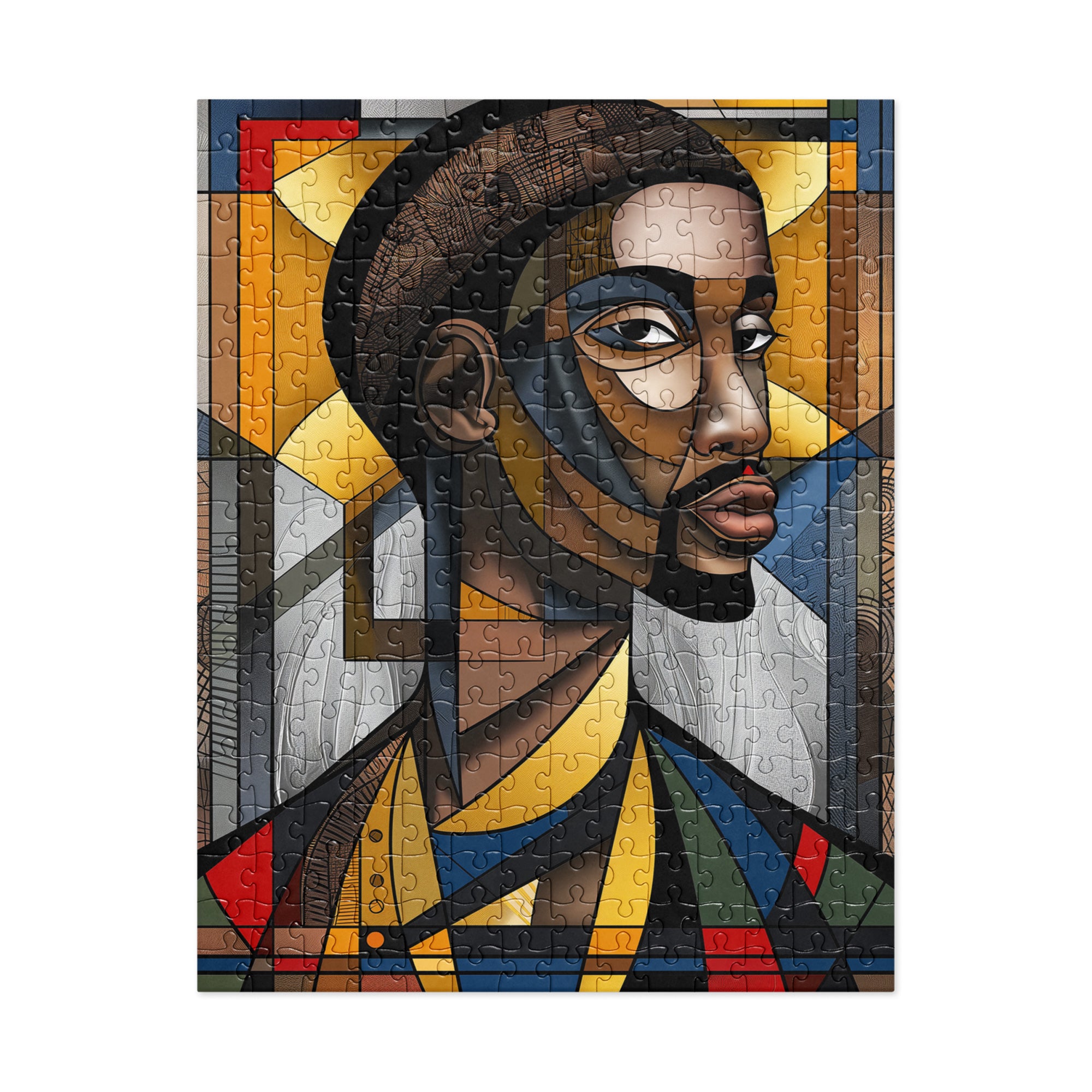 Black Saint Jigsaw Puzzle featuring an Afrocentric abstract mosaic of Black Jesus. A powerful and artistic tribute to Black spirituality, culture, and faith, perfect for art therapy and meaningful gifting.