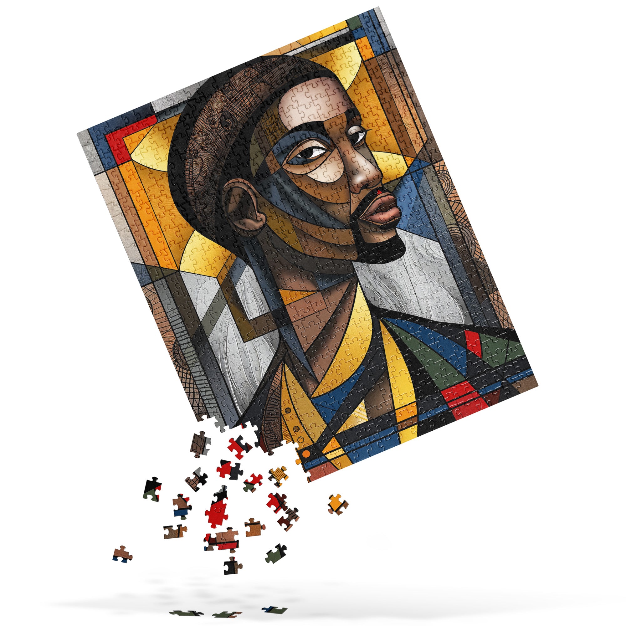 Black Saint Jigsaw Puzzle featuring an Afrocentric abstract mosaic of Black Jesus. A powerful and artistic tribute to Black spirituality, culture, and faith, perfect for art therapy and meaningful gifting.