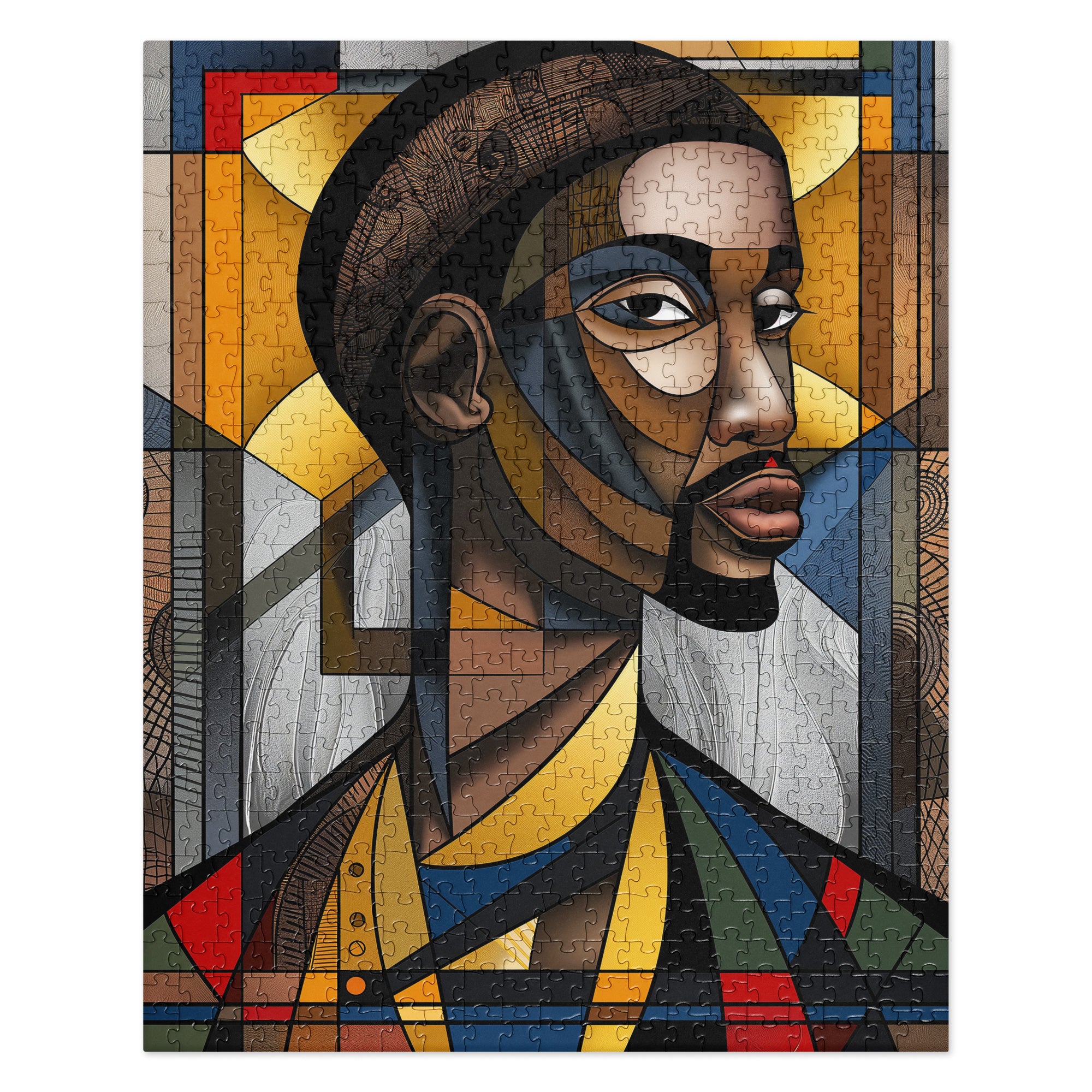 Black Saint Jigsaw Puzzle featuring an Afrocentric abstract mosaic of Black Jesus. A powerful and artistic tribute to Black spirituality, culture, and faith, perfect for art therapy and meaningful gifting.