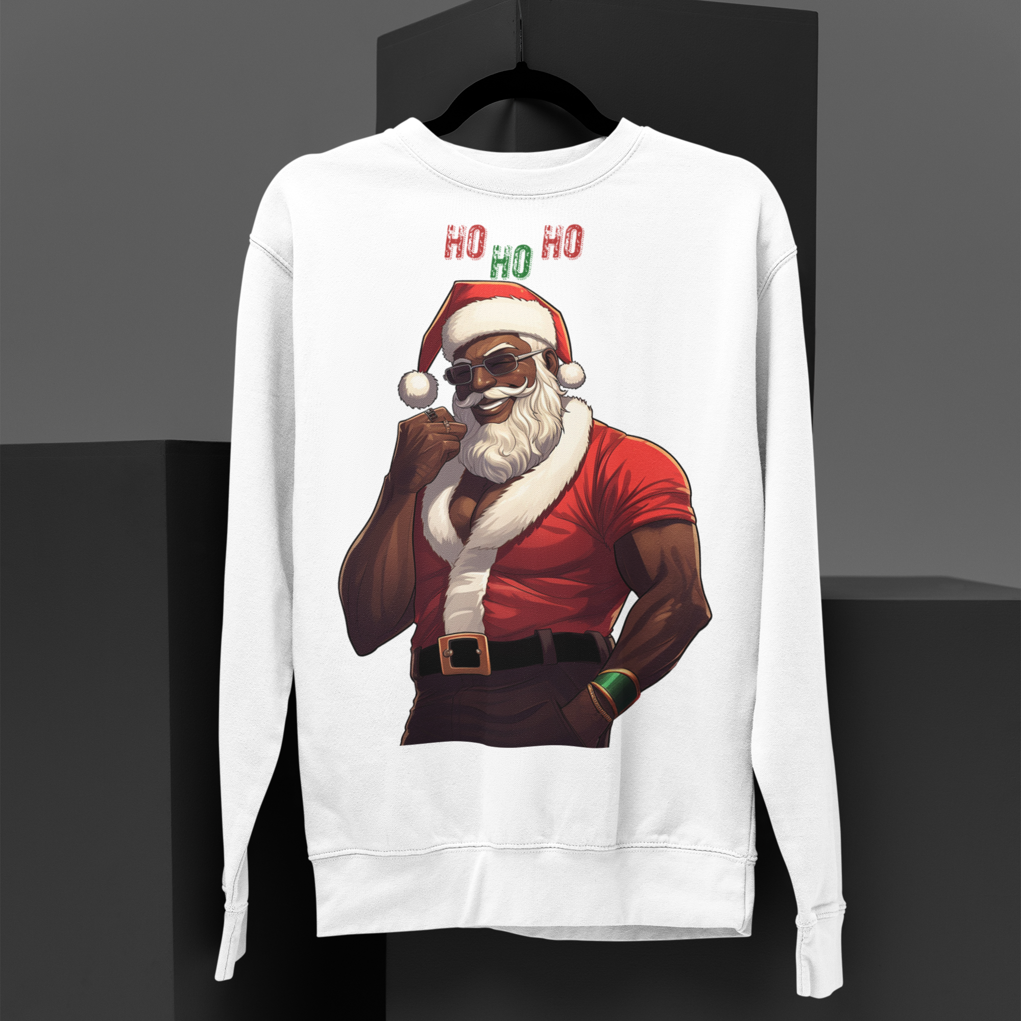 Black Santa Claus Sweatshirt featuring a sexy Afrocentric Santa design with skull cap and “Ho Ho Ho” lettering. Unisex holiday Christmas sweater celebrating African American Santa Claus style.