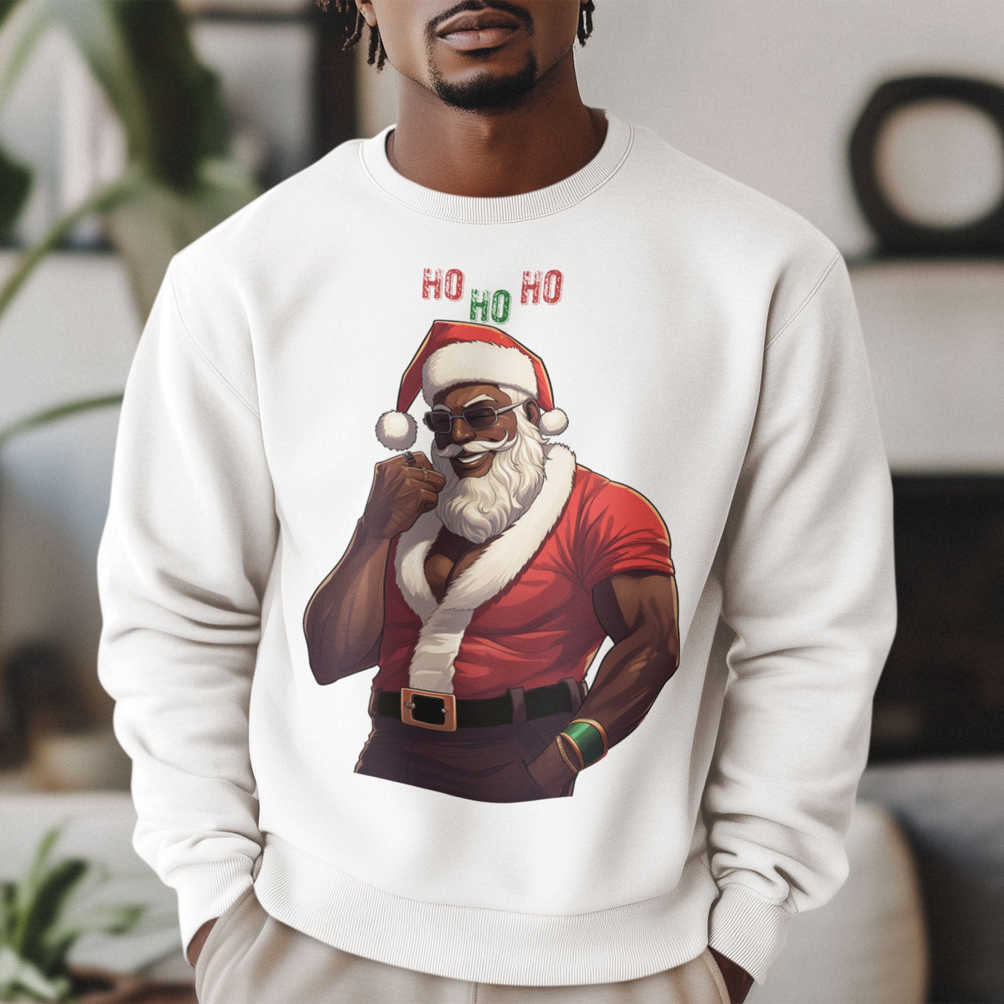 Black Santa Claus Sweatshirt featuring a sexy Afrocentric Santa design with skull cap and “Ho Ho Ho” lettering. Unisex holiday Christmas sweater celebrating African American Santa Claus style.