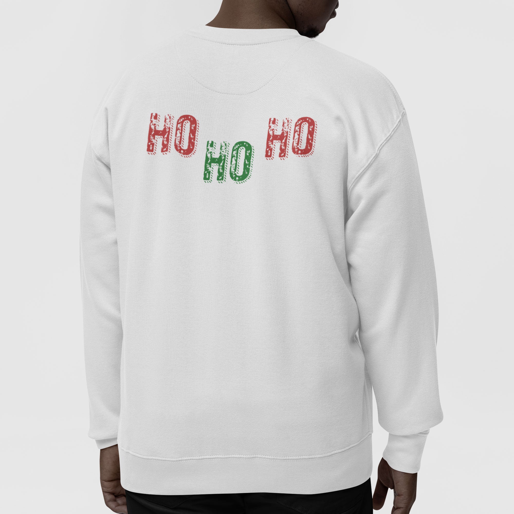 Black Santa Claus Sweatshirt featuring a sexy Afrocentric Santa design with skull cap and “Ho Ho Ho” lettering. Unisex holiday Christmas sweater celebrating African American Santa Claus style.