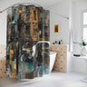 Afrocentric shower curtain featuring Black residents standing on a Harlem sidewalk in front of historic brownstone buildings with a vintage luxury automobile in a moody urban street scene.