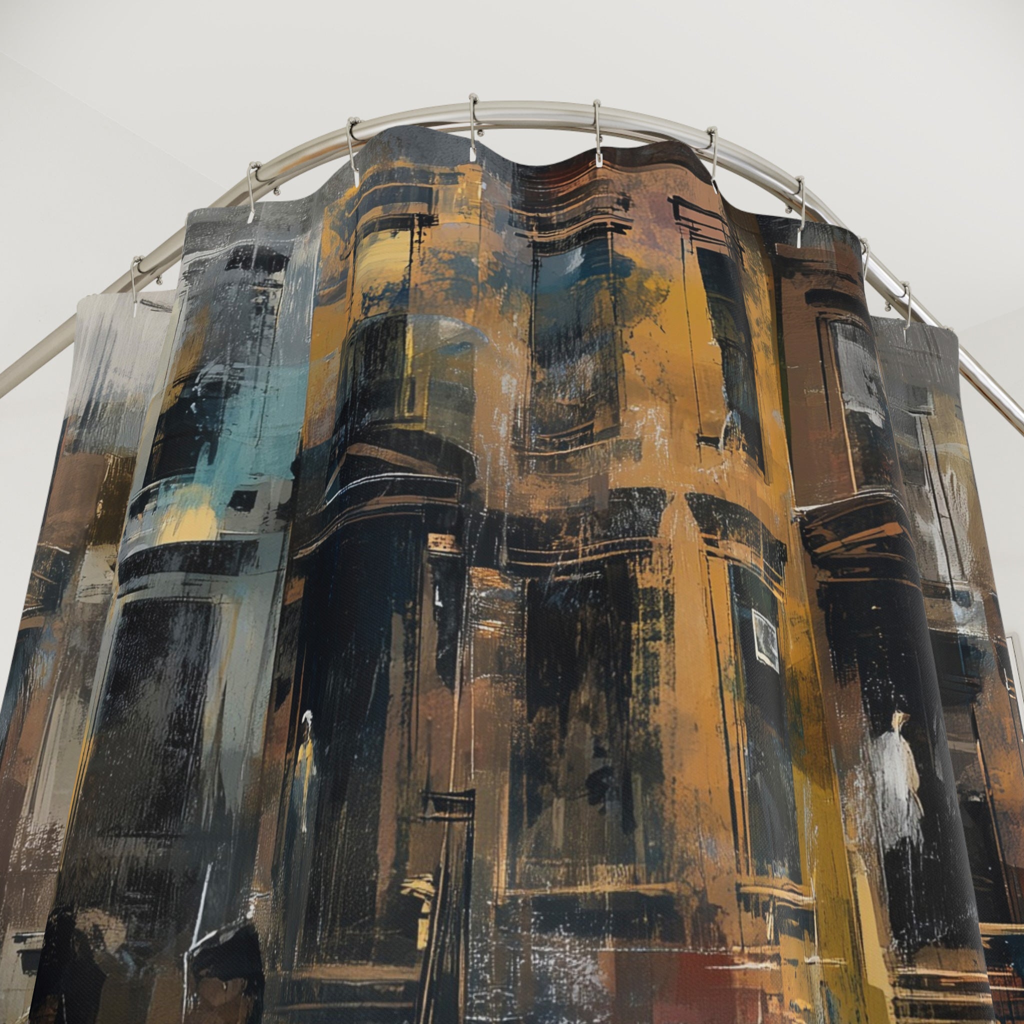 Close-up view of top of Afrocentric shower curtain featuring Black residents standing on a Harlem sidewalk in front of historic brownstone buildings with a vintage luxury automobile in a moody urban street scene.