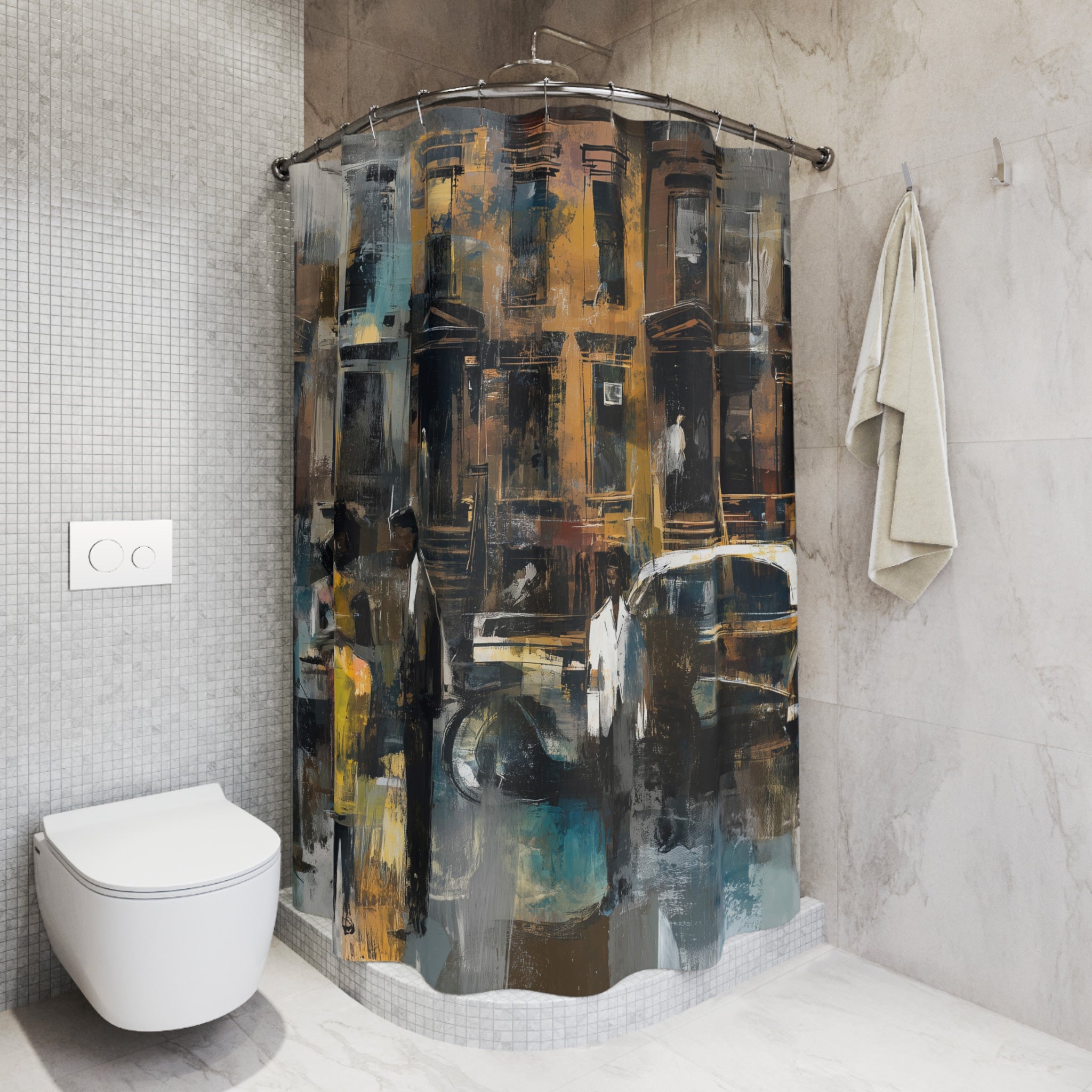Shower stall view of an Afrocentric shower curtain featuring Black residents standing on a Harlem sidewalk in front of historic brownstone buildings with a vintage luxury automobile in a moody urban street scene.