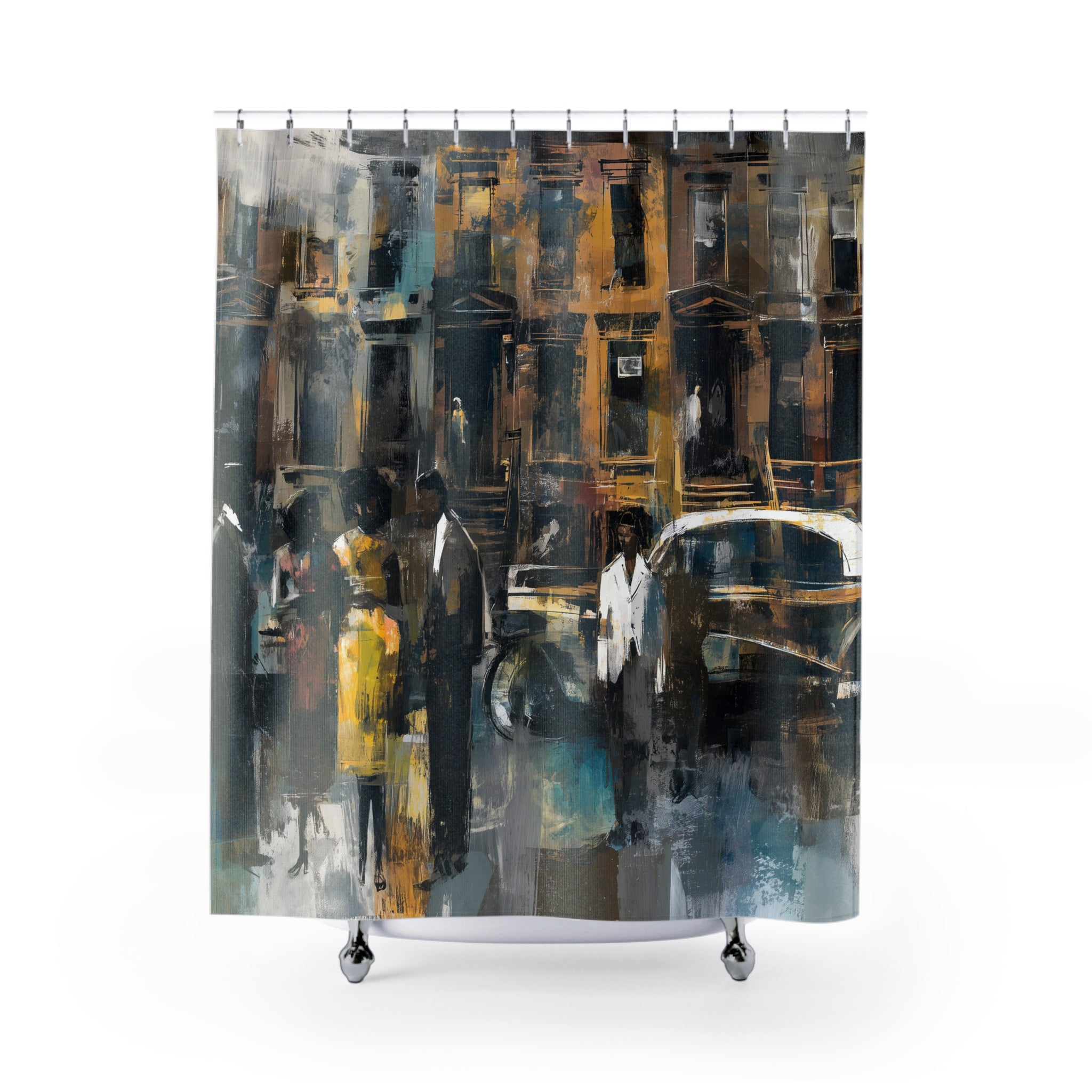 Full frontal view of an Afrocentric shower curtain featuring Black residents standing on a Harlem sidewalk in front of historic brownstone buildings with a vintage luxury automobile in a moody urban street scene.