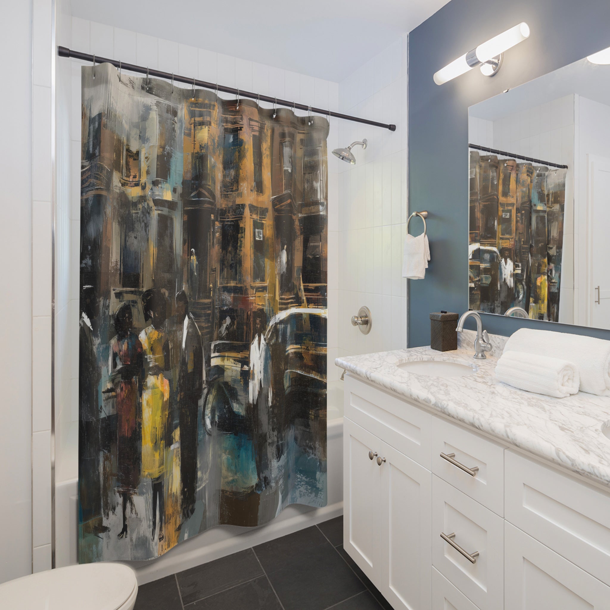 Bathroom scene of an Afrocentric shower curtain featuring Black residents standing on a Harlem sidewalk in front of historic brownstone buildings with a vintage luxury automobile in a moody urban street scene.