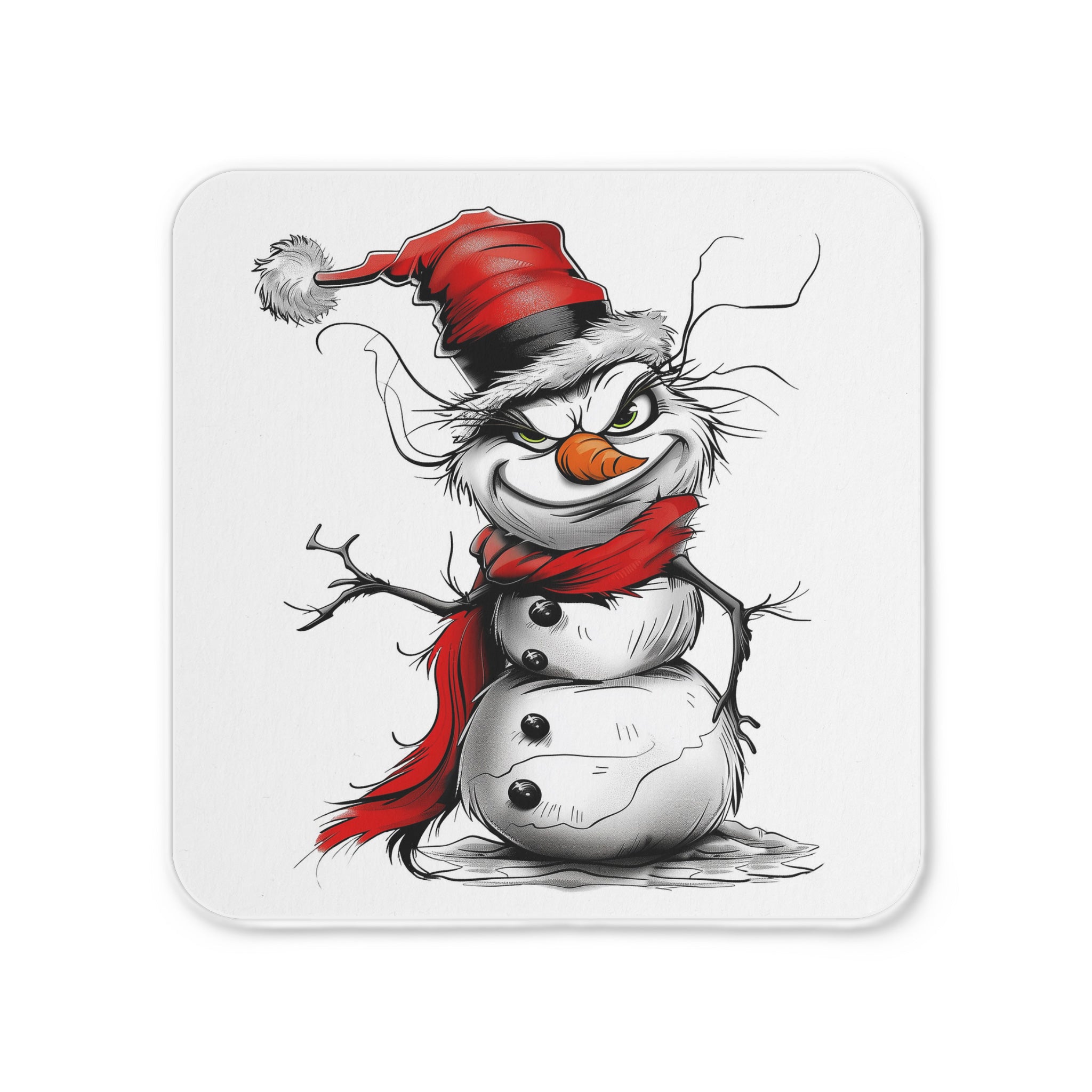 Holiday Grinch Snowman Coasters featuring a mischievous snowman design with a Grinch-like grin, perfect for Christmas holiday barware, festive table decor, and party essentials.